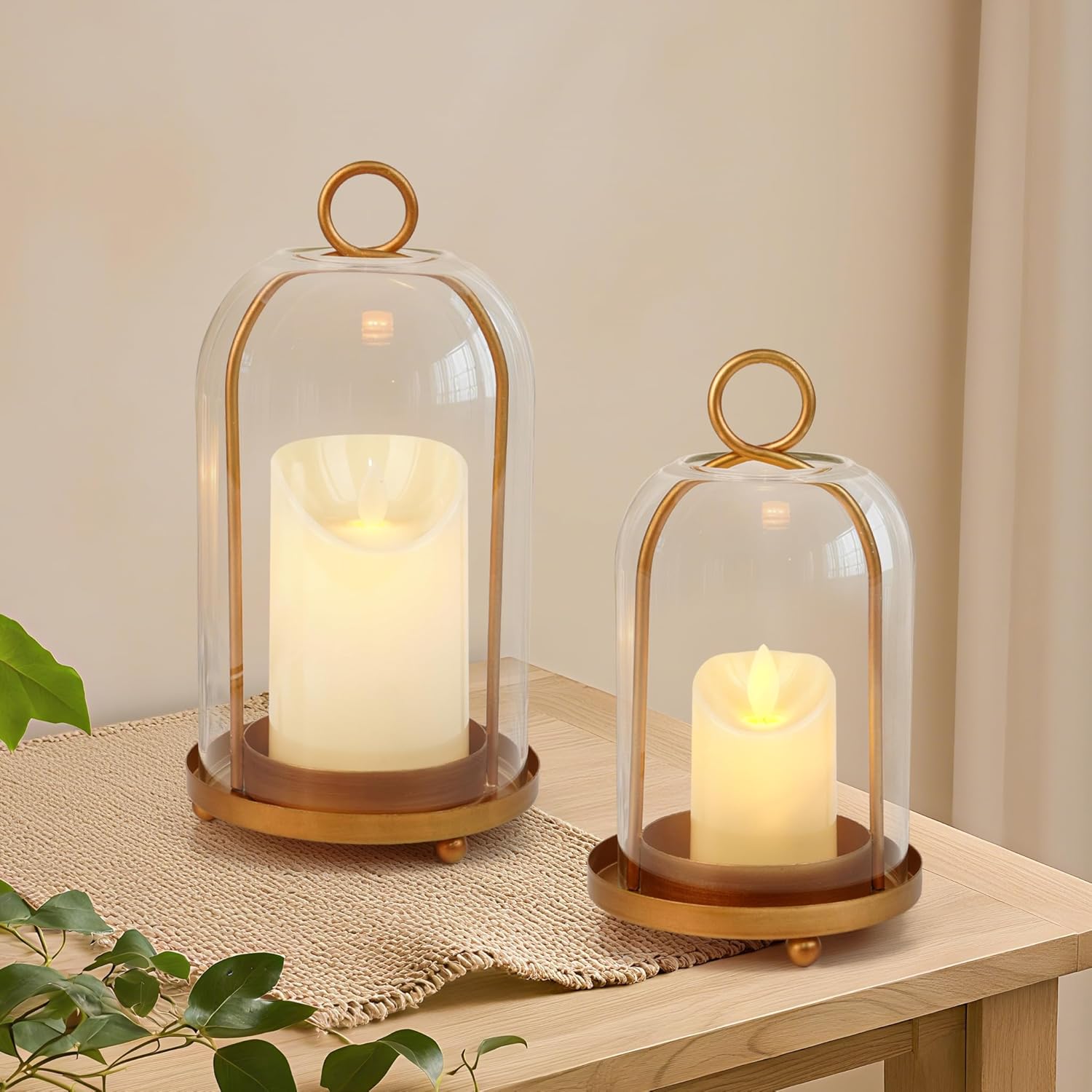 Glass Hurricane Candle Holder Set of 2 with Antique Brass Finish