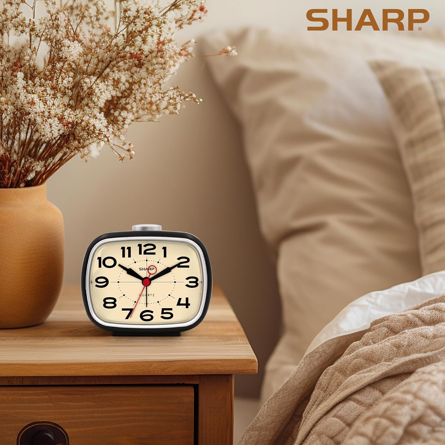 Sharp Battery Powered Alarm Clock Retro Design Quiet Operation
