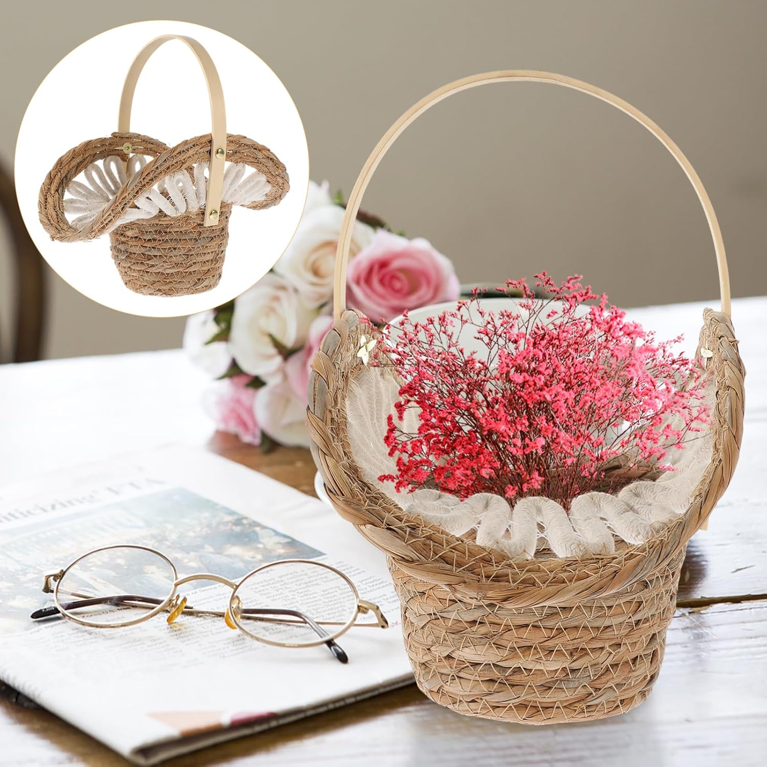 Flower Girl Basket Hand Woven Straw for Home Decor
