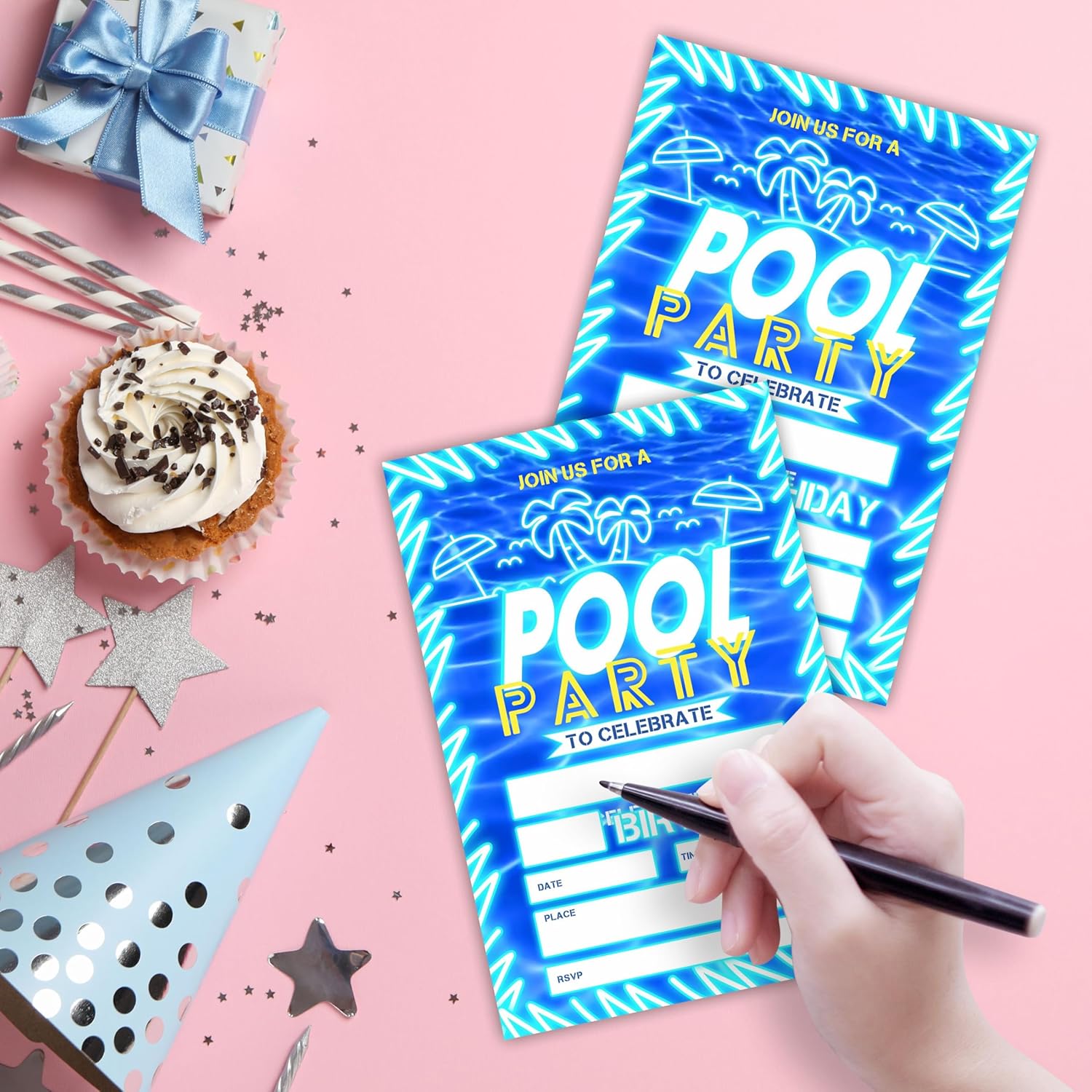 Pool Party Birthday Invitations With Envelopes - Neon Glow Blue Palm Tree Design