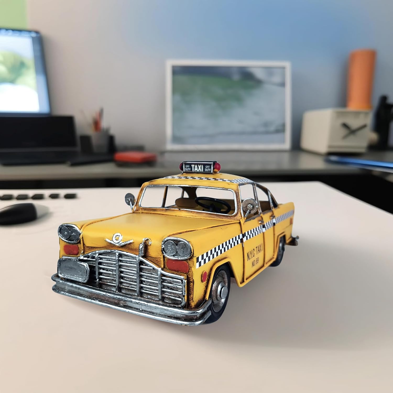 Retro Handmade Yellow NYC Taxi Cab Model 11 Inch Collectible