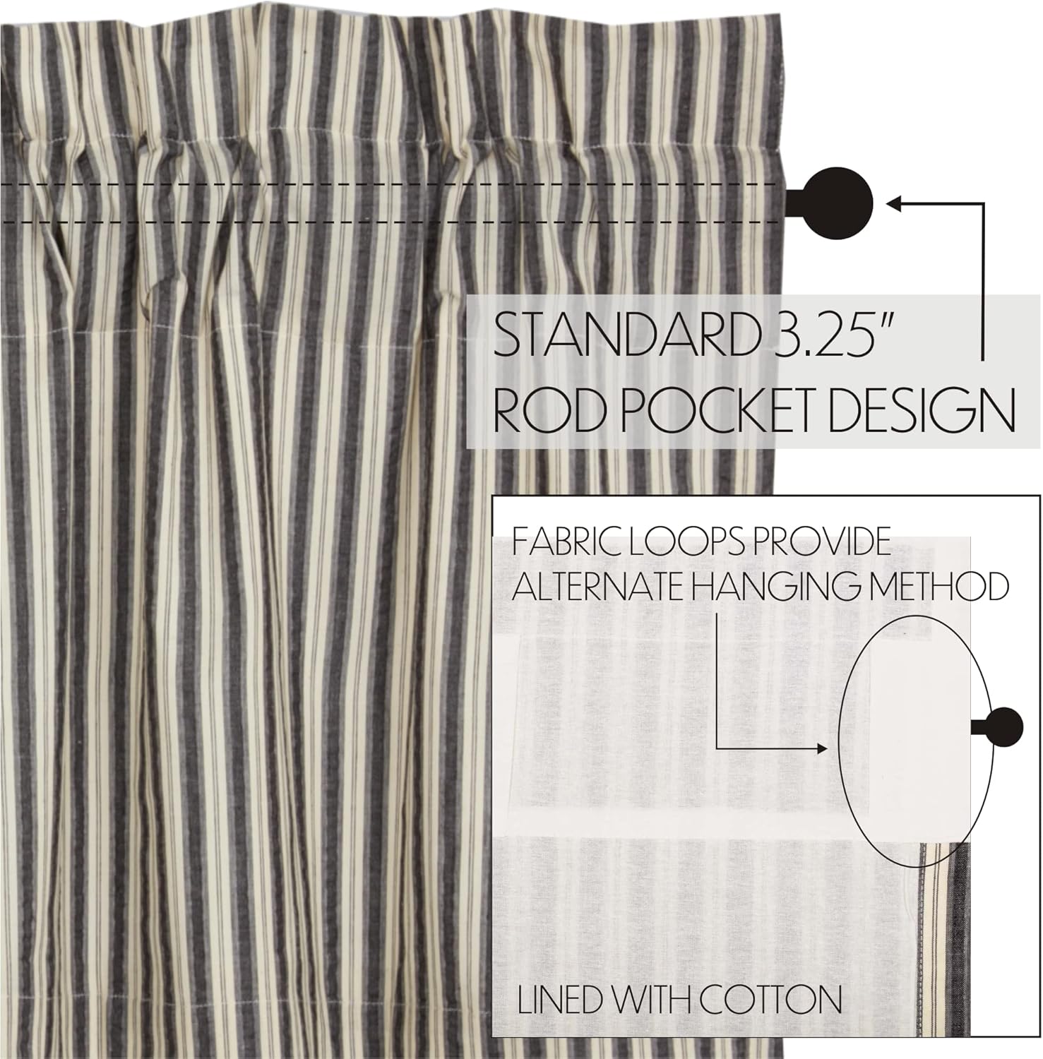 VHC Brands Ashmont Grey Ticking Stripe Swag Curtain Set