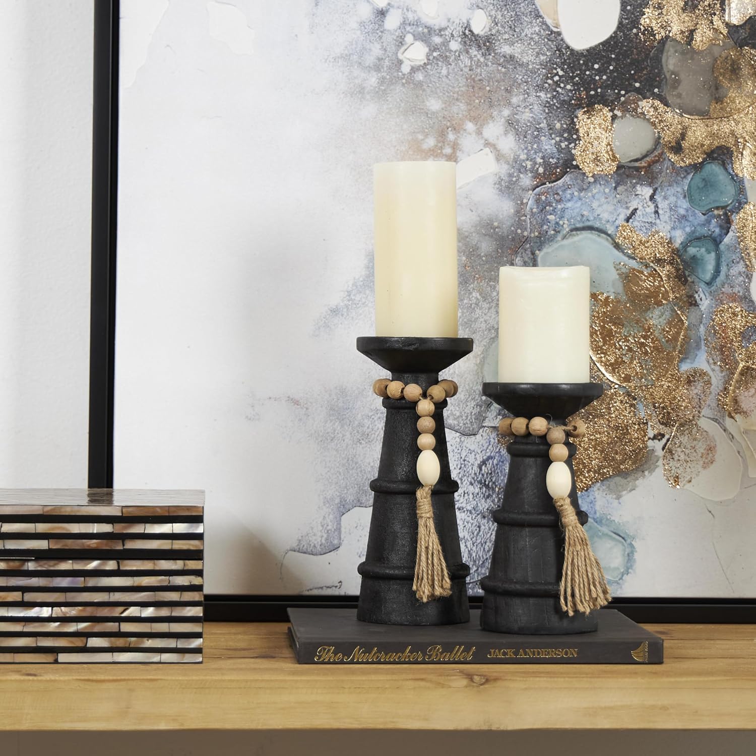 Deco 79 Black Matte Wood Candle Holder Set of 2