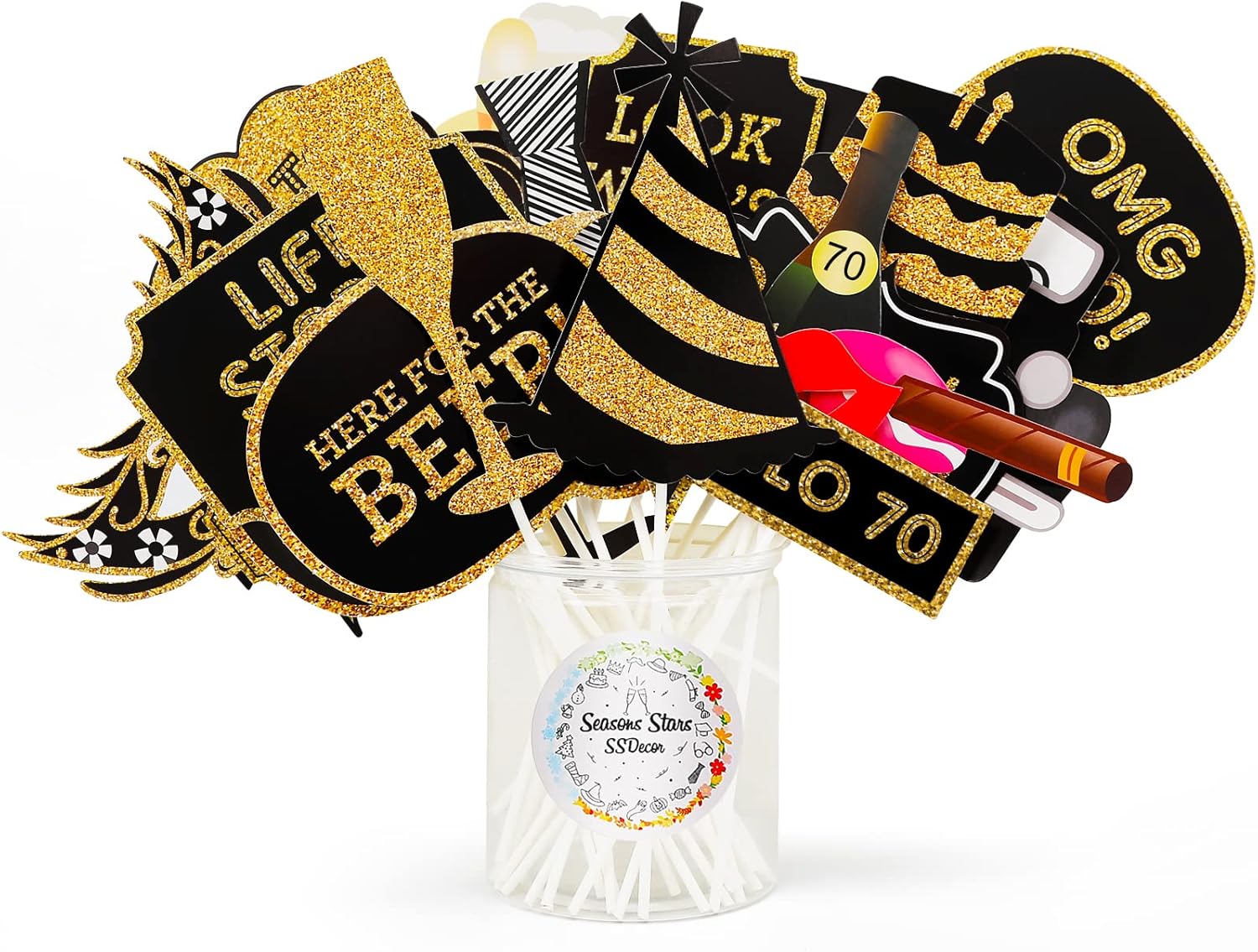 70th Birthday Photo Booth Props 41Pcs Gold Red Decorations