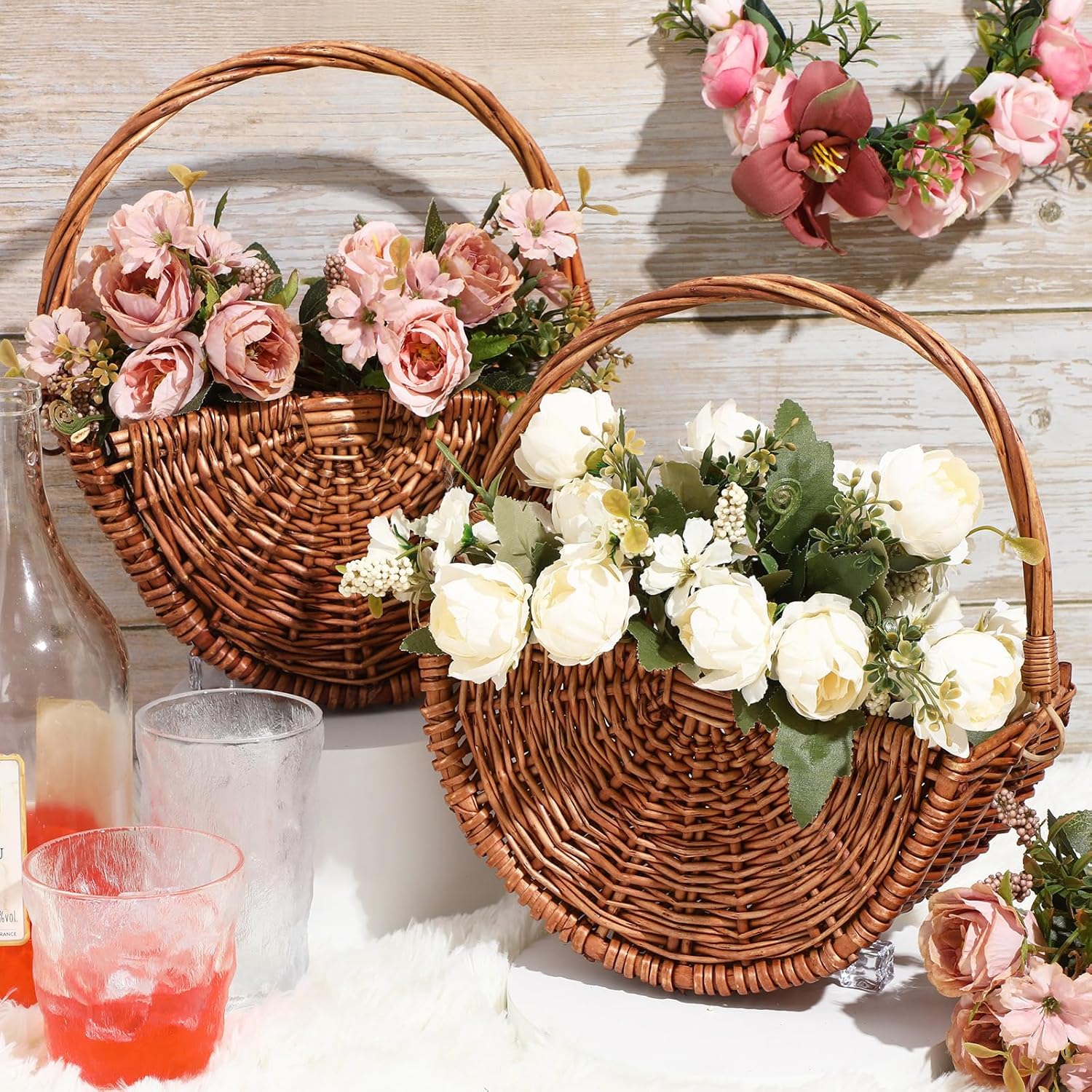 2 Pcs Dark Wicker Flower Girl Baskets with Handles