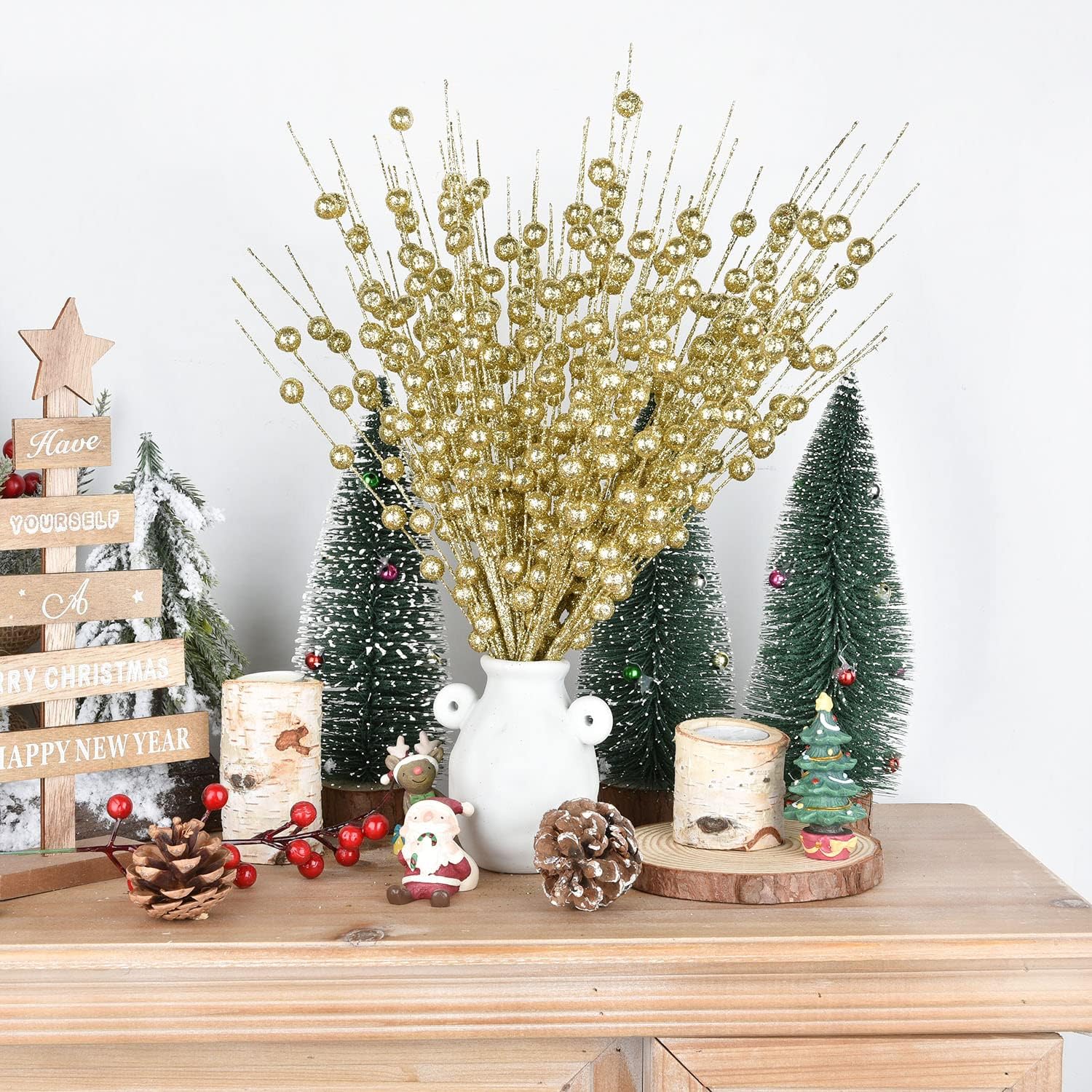 DearHouse 10 Pack Gold Christmas Berry Stems for Decor