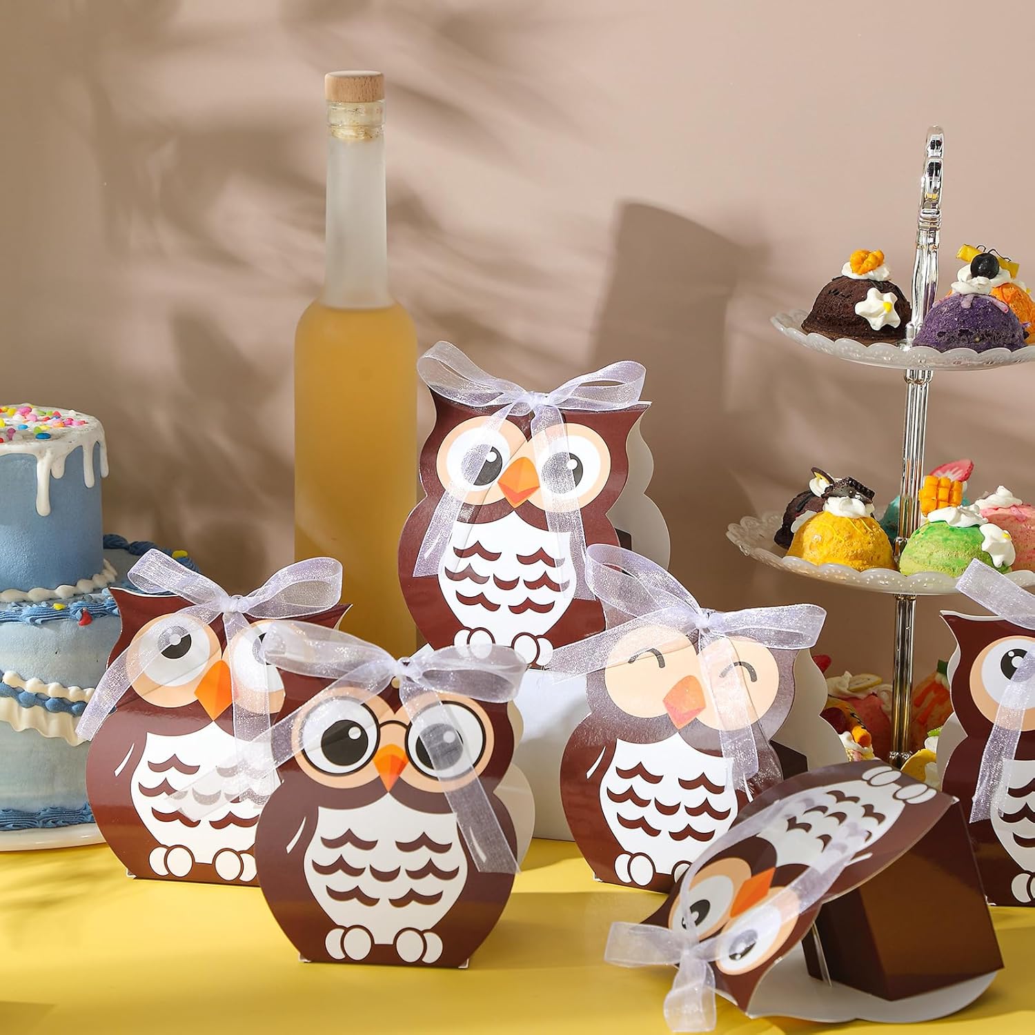 SilTriangle Owl Party Favor Boxes with Mesh Straps Brown