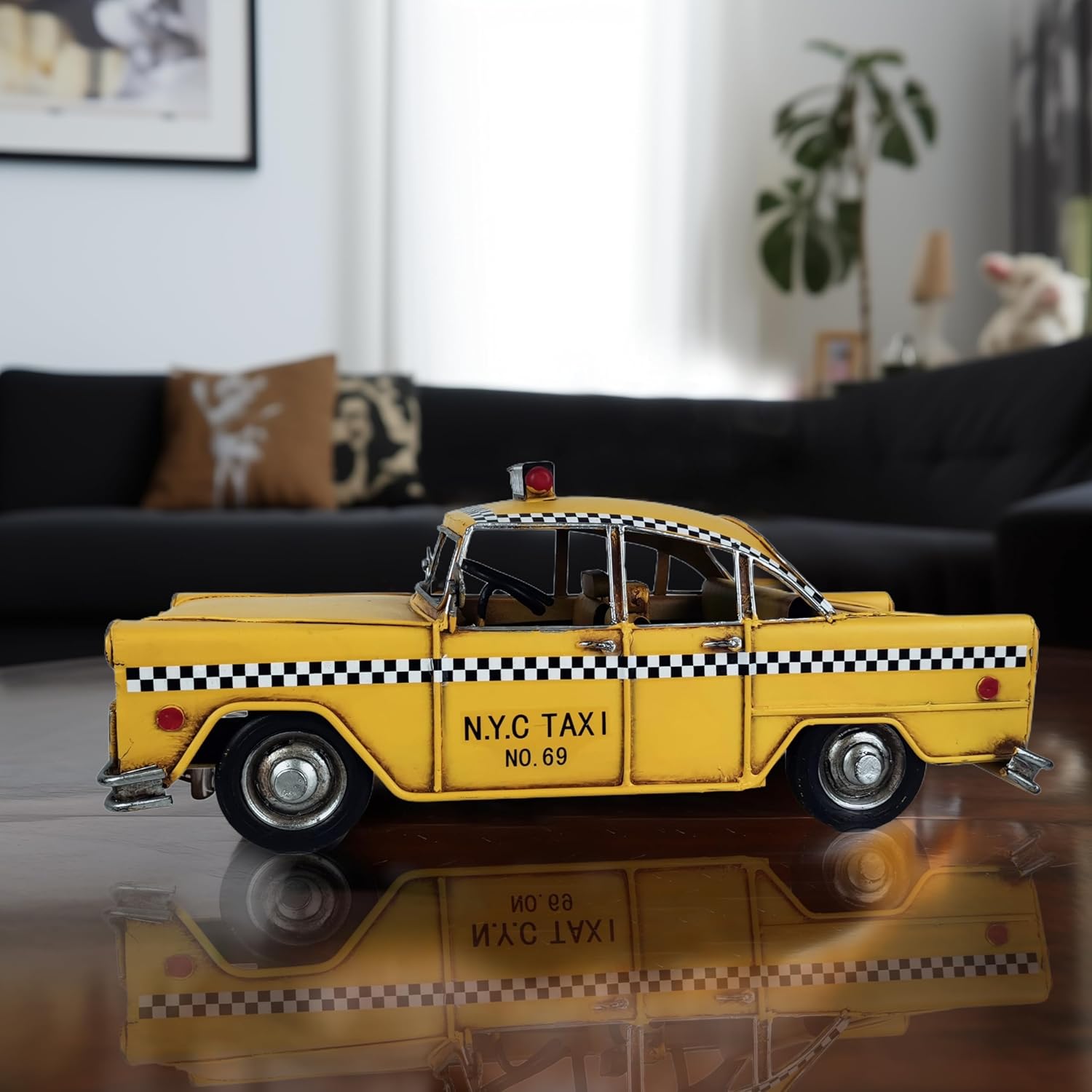 Retro Handmade Yellow NYC Taxi Cab Model 11 Inch Collectible