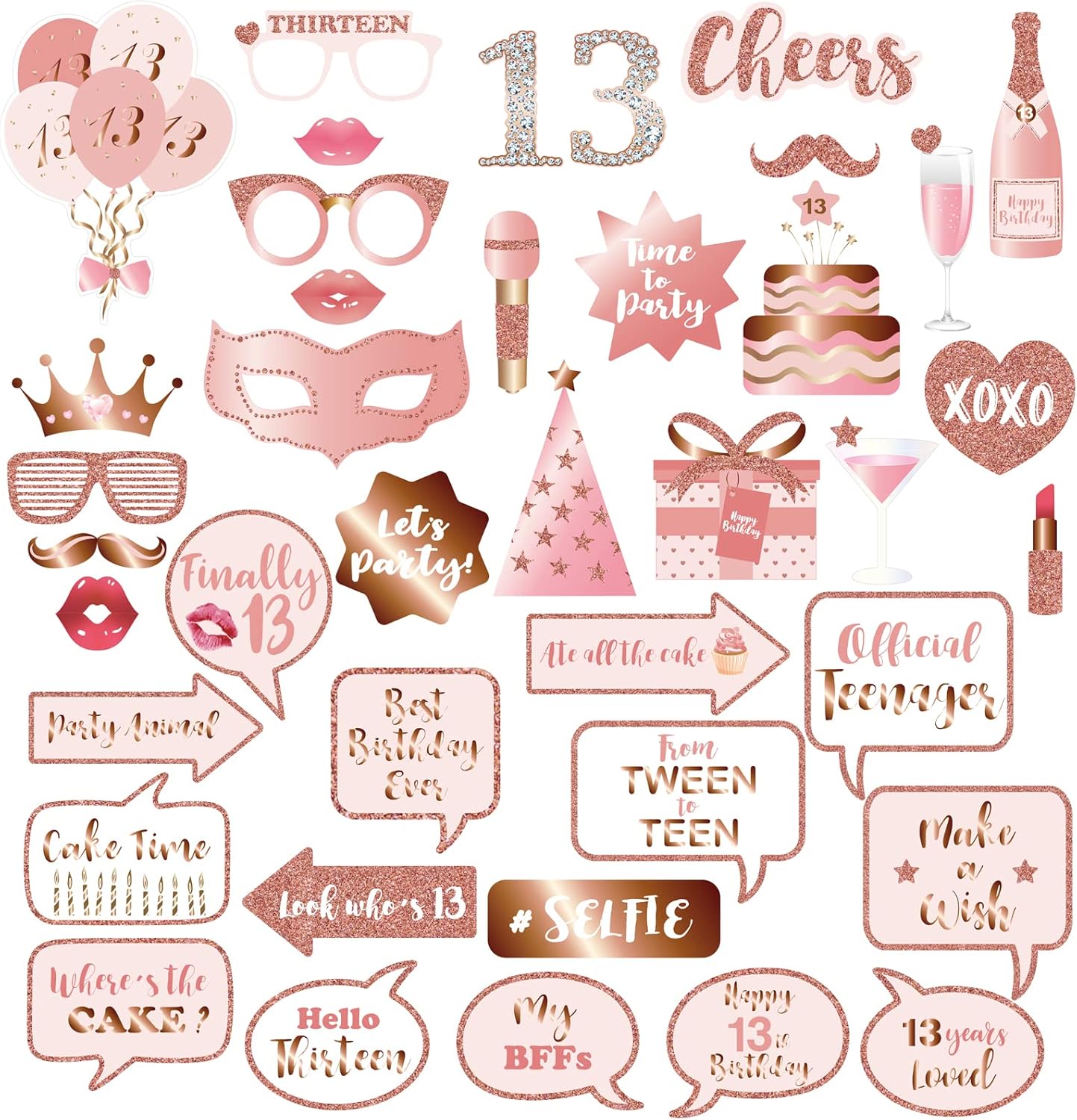 Rose Gold 13th Birthday Photo Booth Props Kit