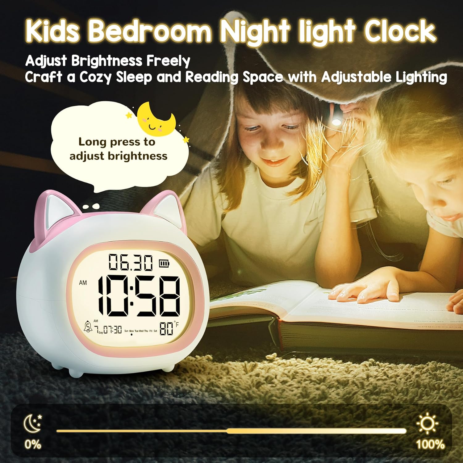 Adorable Cat Alarm Clock for Kids with Night Light