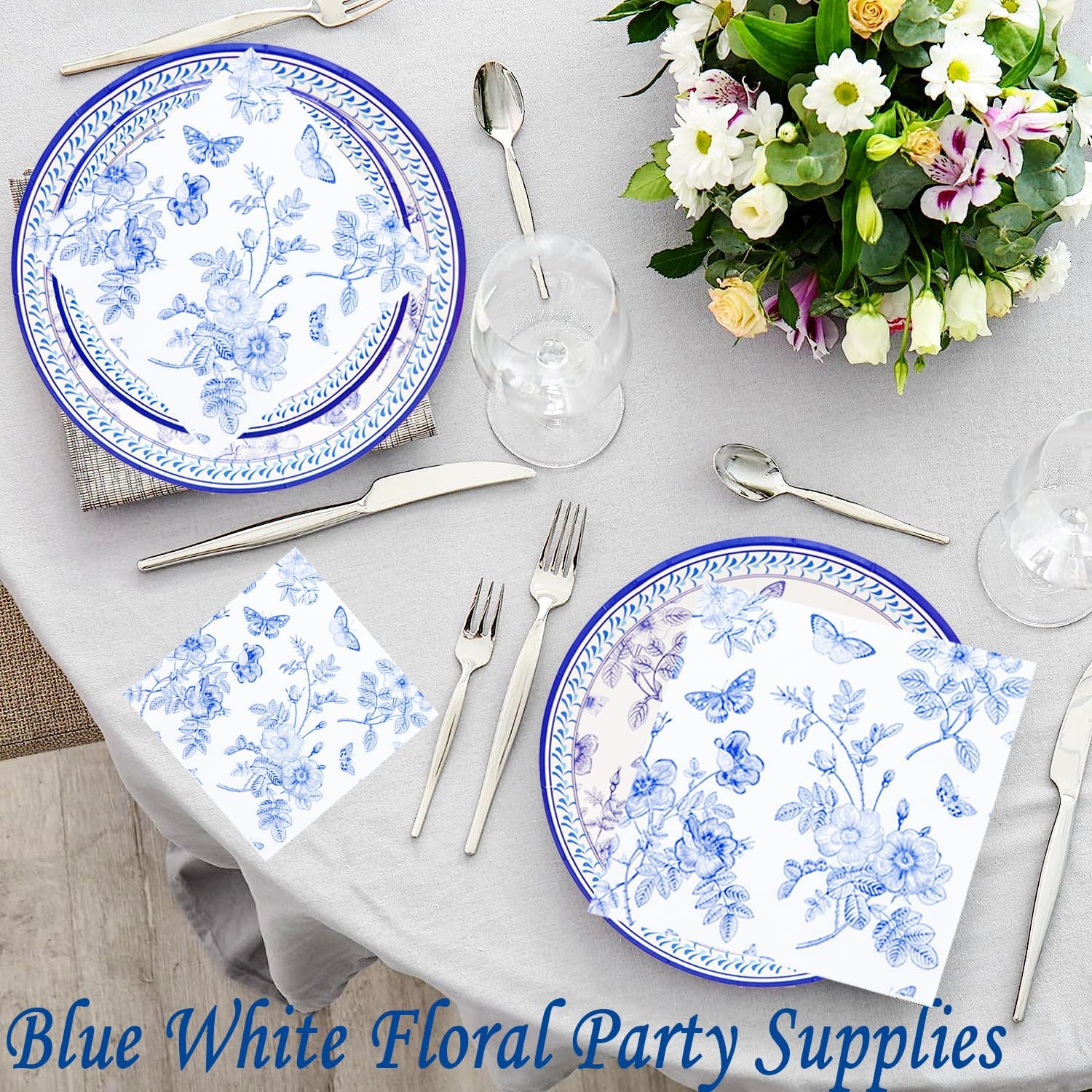 40 Pack Blue White Floral Luncheon Napkins