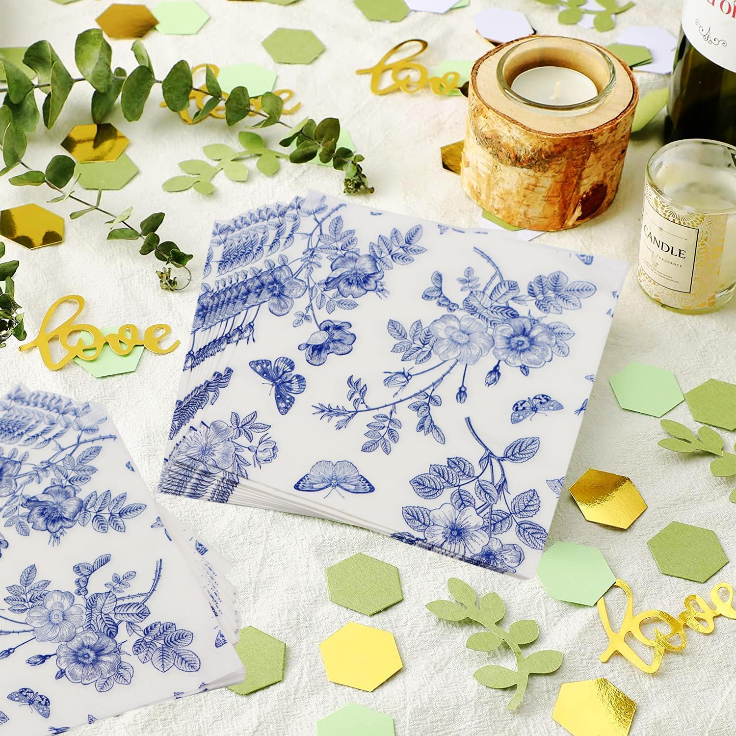 40 Pack Blue White Floral Luncheon Napkins