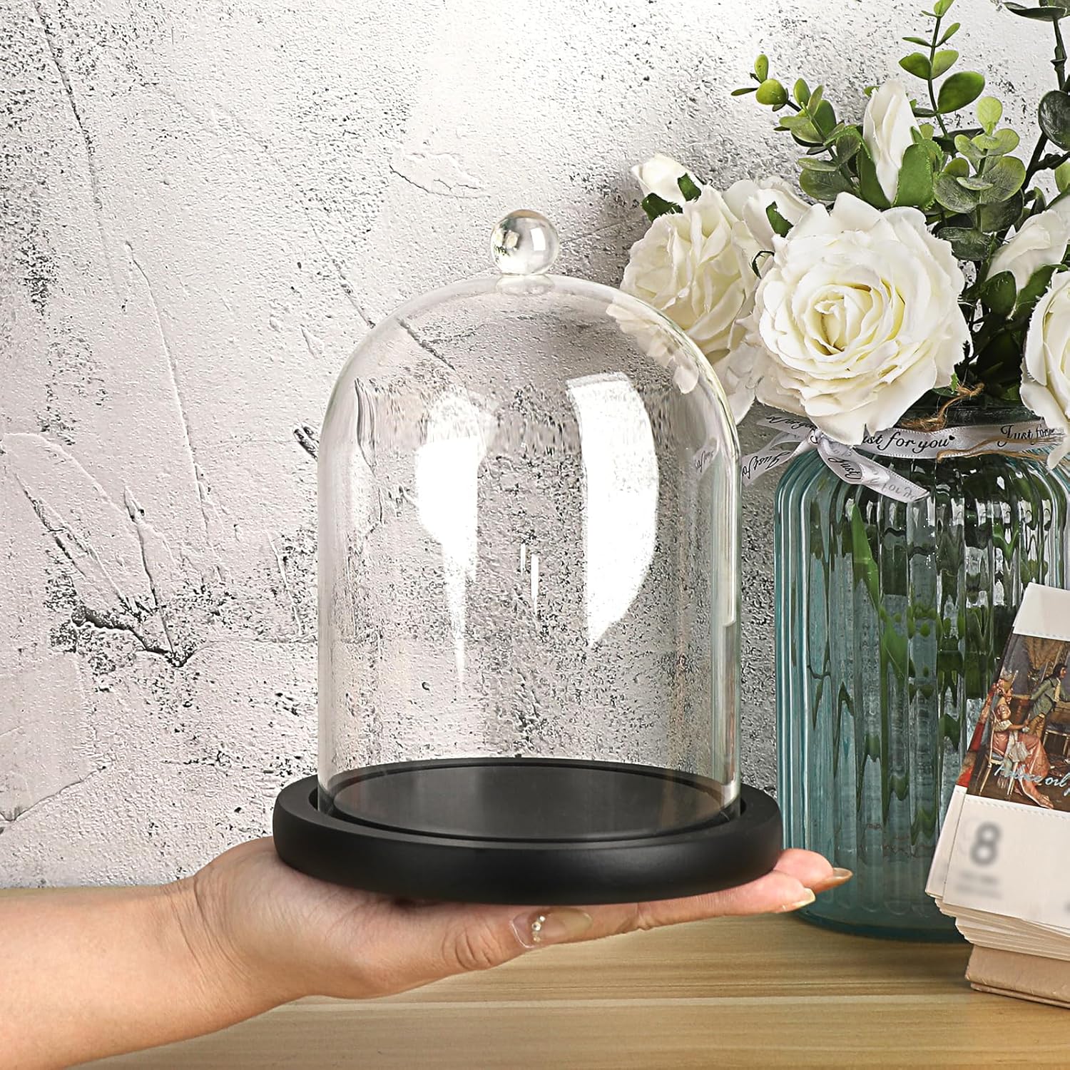 JUXYES Clear Glass Cloche with Wood Base