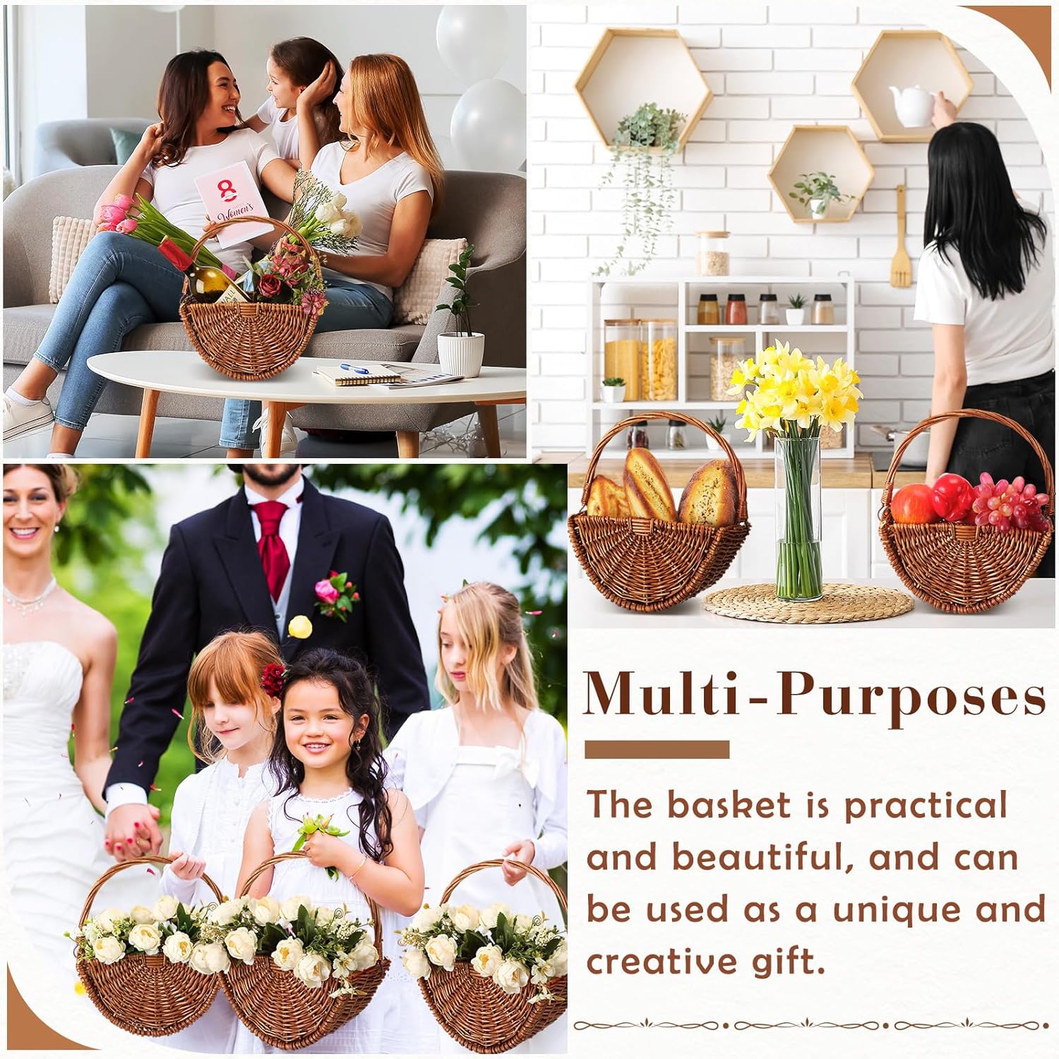 2 Pcs Dark Wicker Flower Girl Baskets with Handles