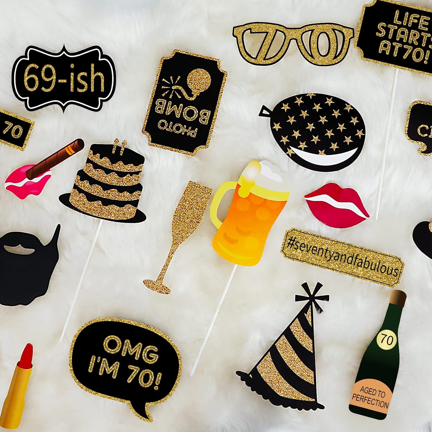 70th Birthday Photo Booth Props 41Pcs Gold Red Decorations