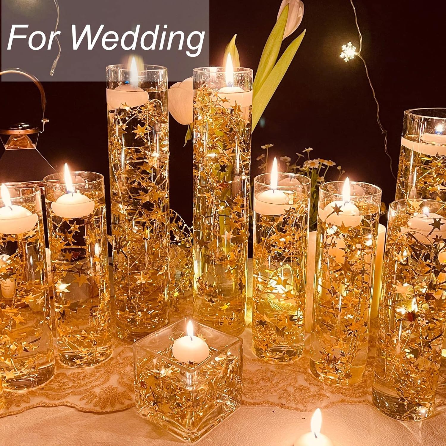 Gold Floating Candle Centerpieces Star Strings - 12 Pcs 38 Inch