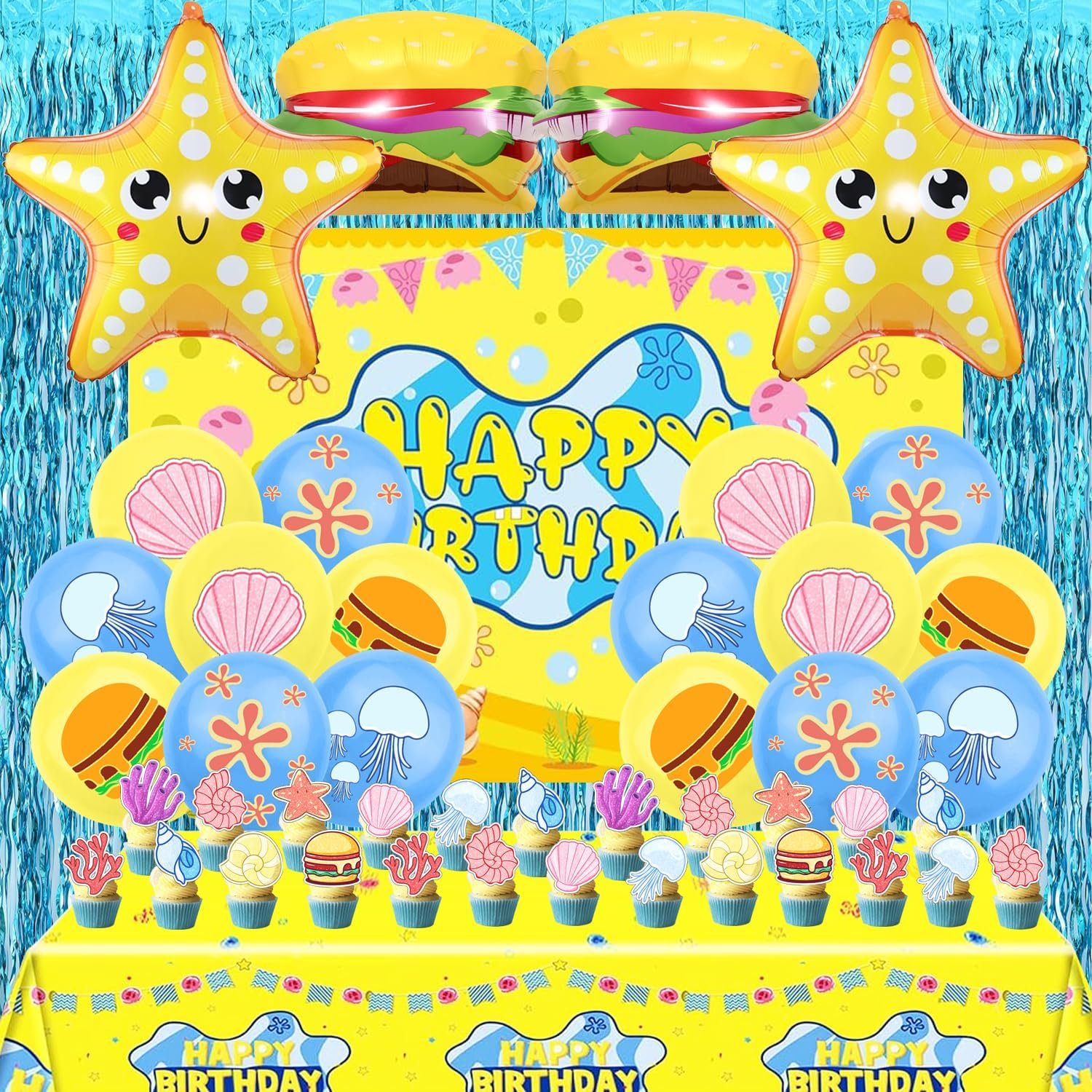 48 Pcs Yellow Cartoon Birthday Decorations Set