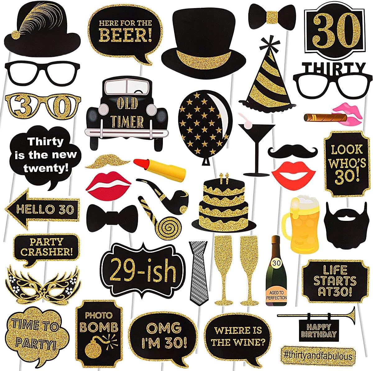 30th Birthday Photo Booth Props 41Pcs Gold Red Decorations