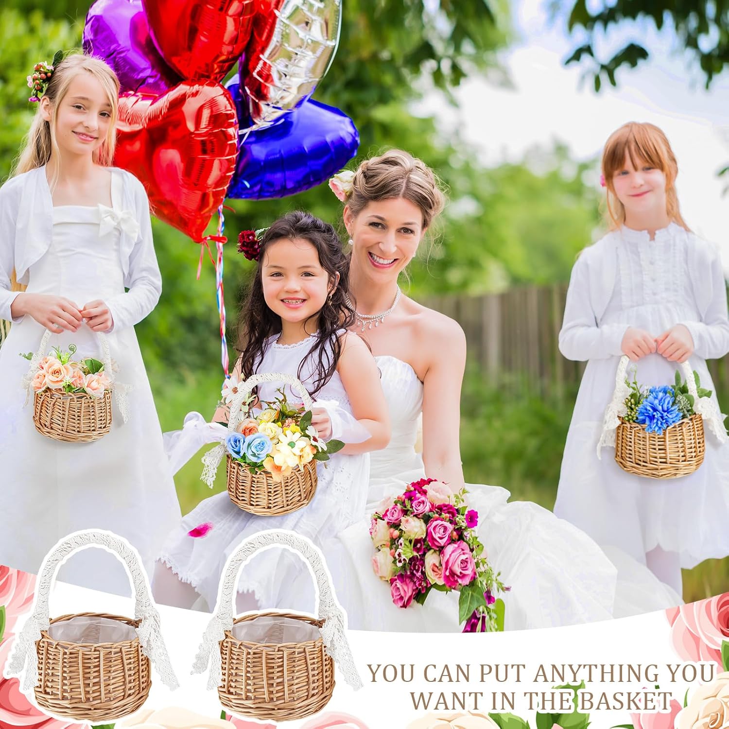 6 Pcs Wedding Flower Girl Baskets with Handle and Ribbon