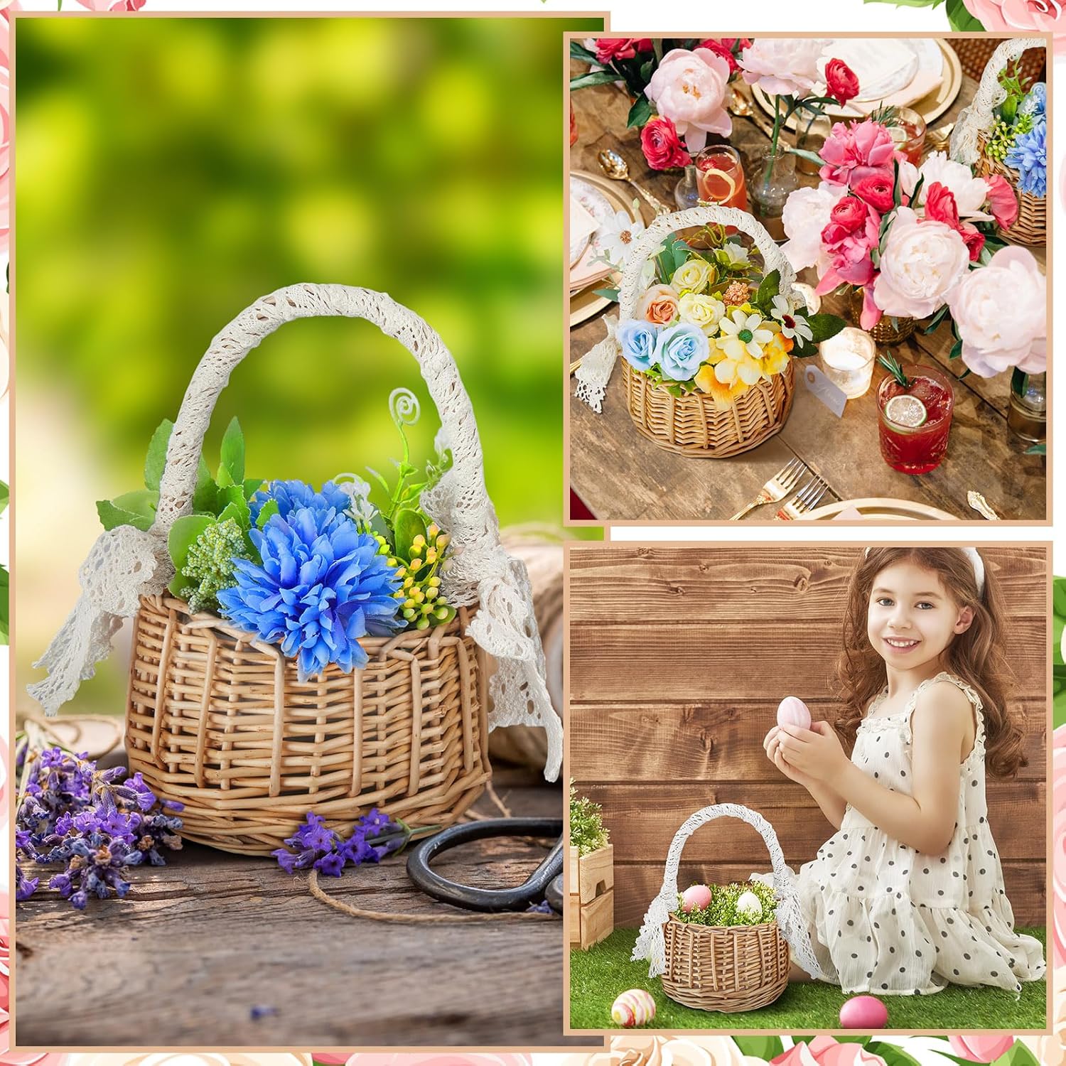 6 Pcs Wedding Flower Girl Baskets with Handle and Ribbon