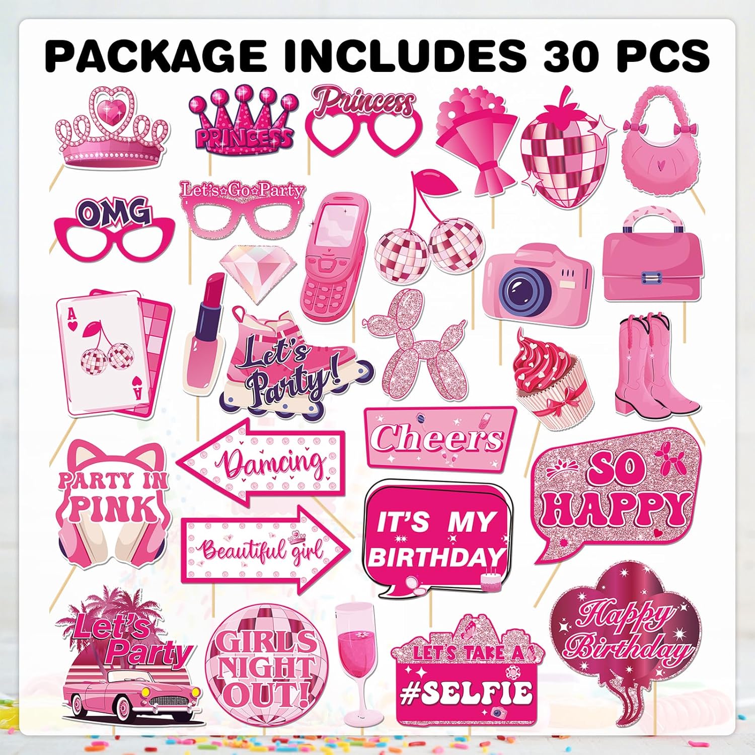 30Pcs Pink Girl Birthday Photo Booth Props with Sticks
