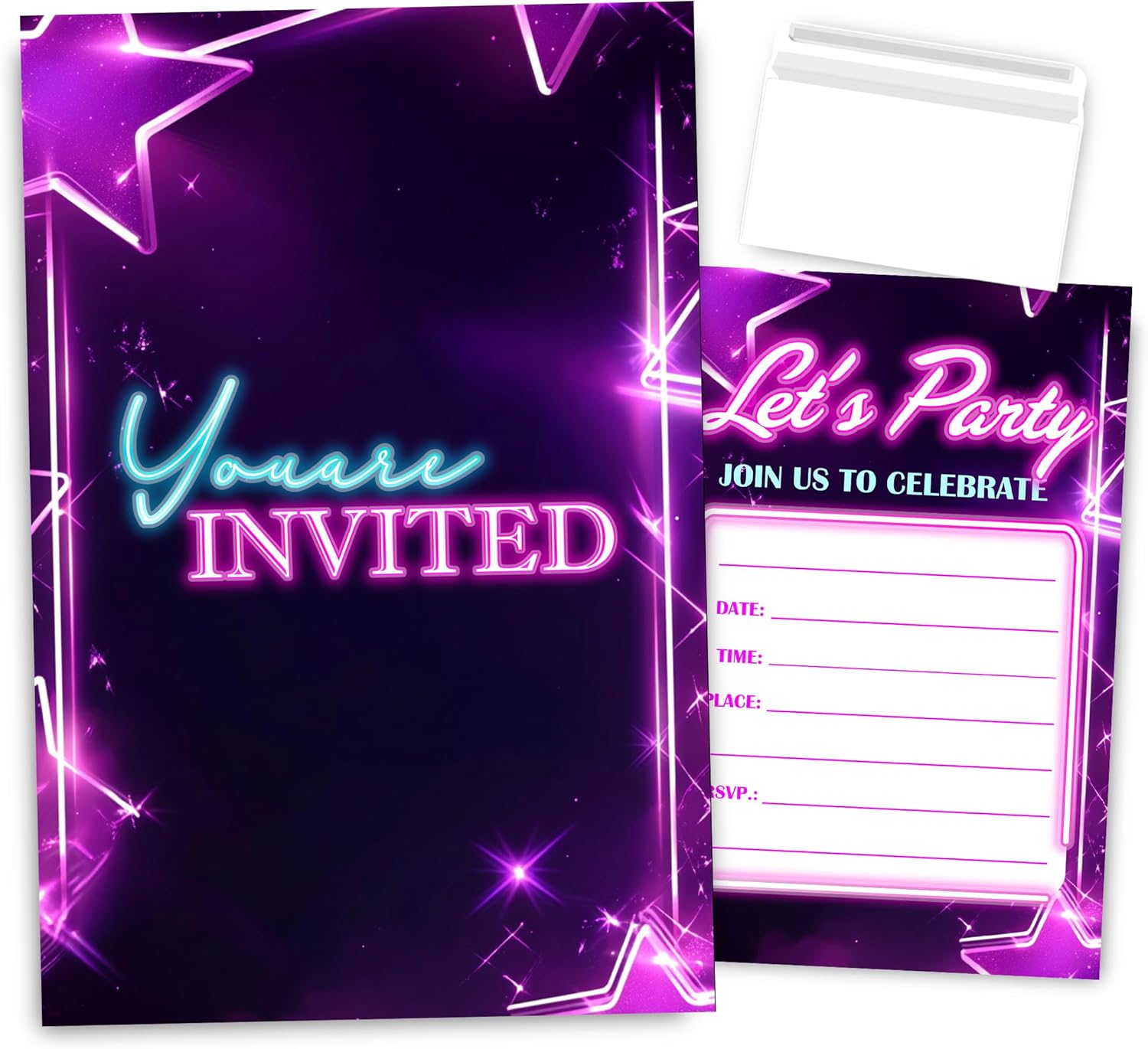Neon Birthday Invitations 30 Sets with Envelopes