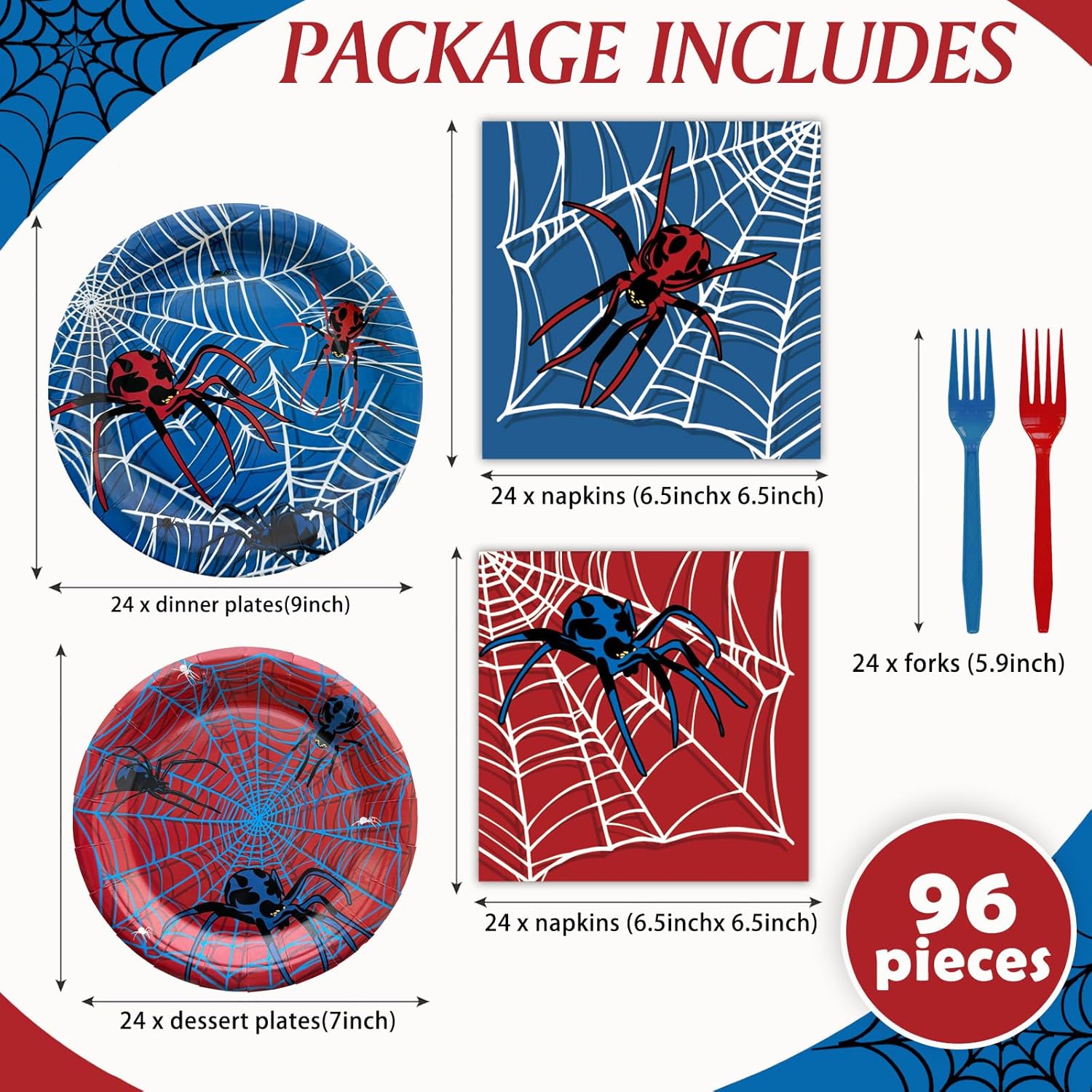 96 Pcs Spider Themed Disposable Tableware Set for 24 Guests