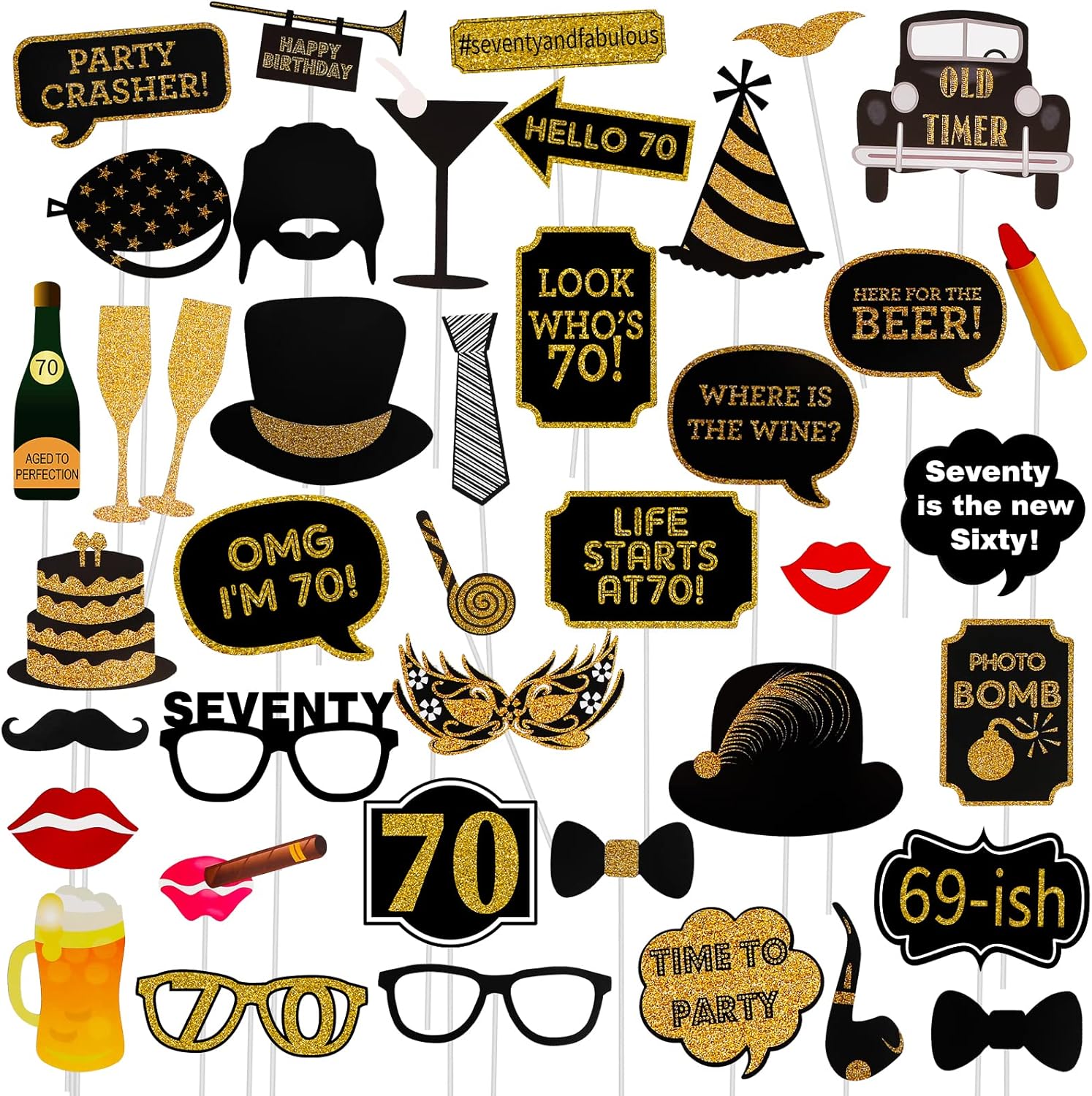 70th Birthday Photo Booth Props 41Pcs Gold Red Decorations
