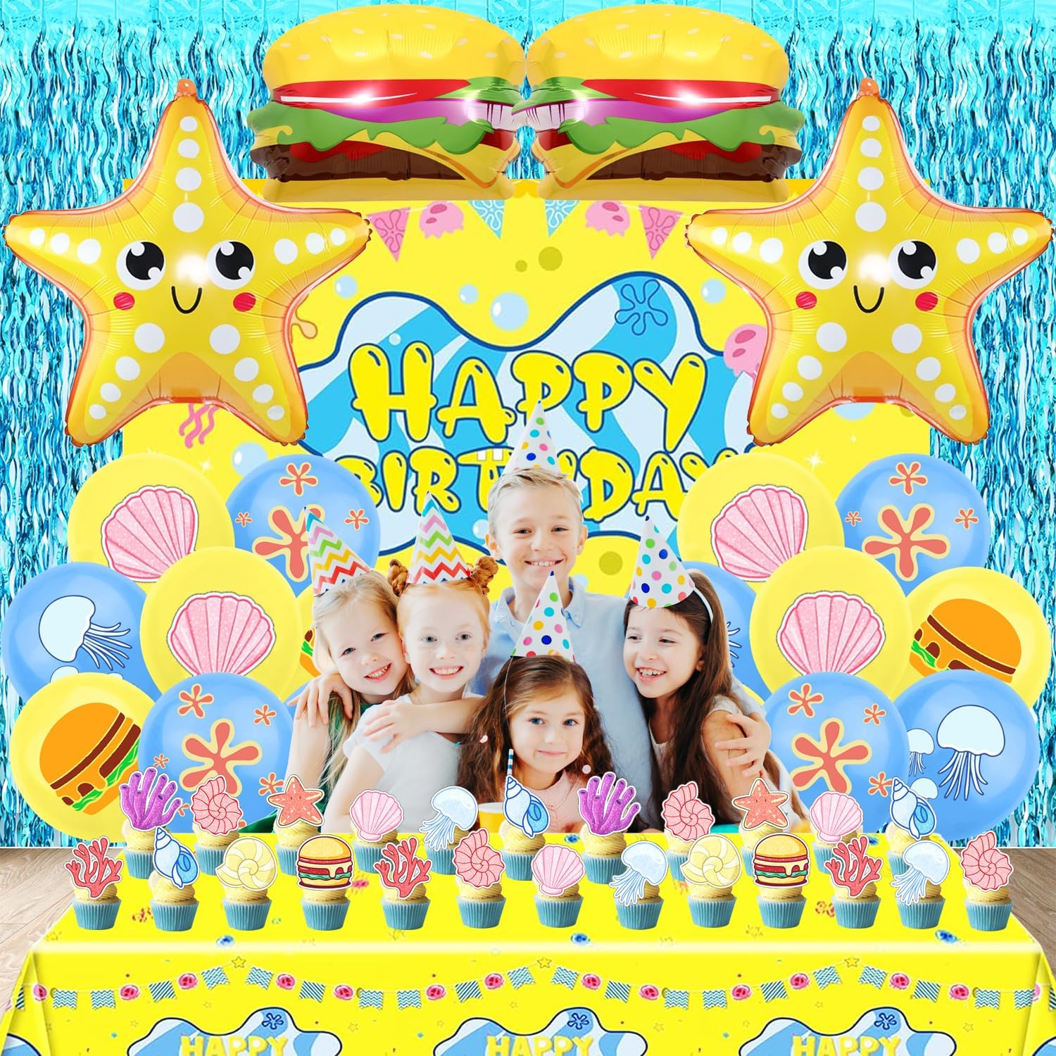 48 Pcs Yellow Cartoon Birthday Decorations Set