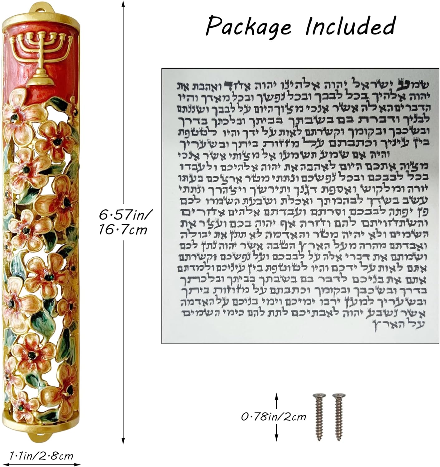 Hand Painted Mezuzah with Menorah and Pomegranate Motifs