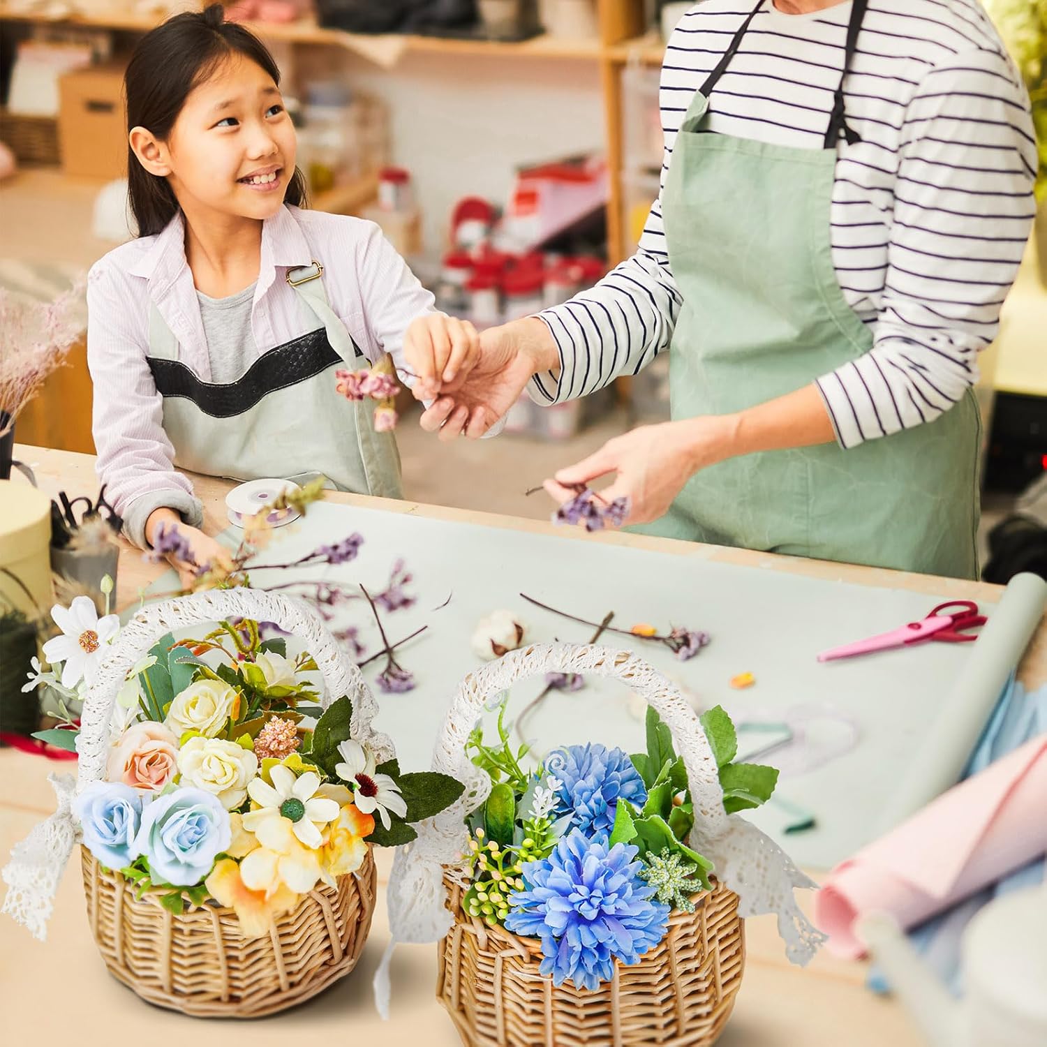 6 Pcs Wedding Flower Girl Baskets with Handle and Ribbon