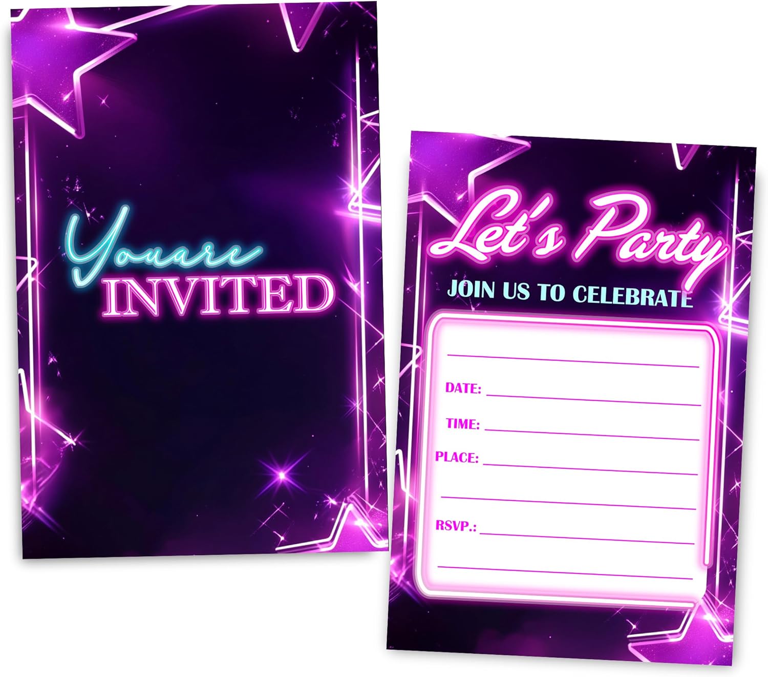 Neon Birthday Invitations 30 Sets with Envelopes