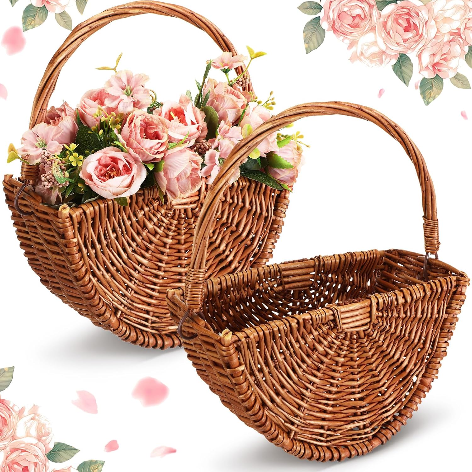2 Pcs Dark Wicker Flower Girl Baskets with Handles
