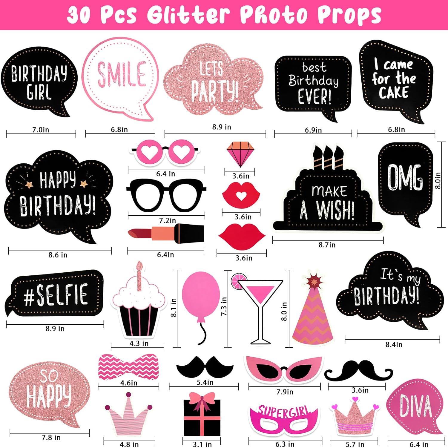 Pink Girls Birthday Photo Booth Props 30 Pcs Set