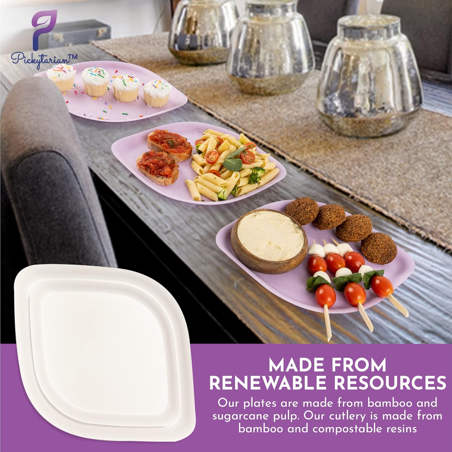 Fancy Purple Disposable Plates 50pcs Bamboo Set for Parties