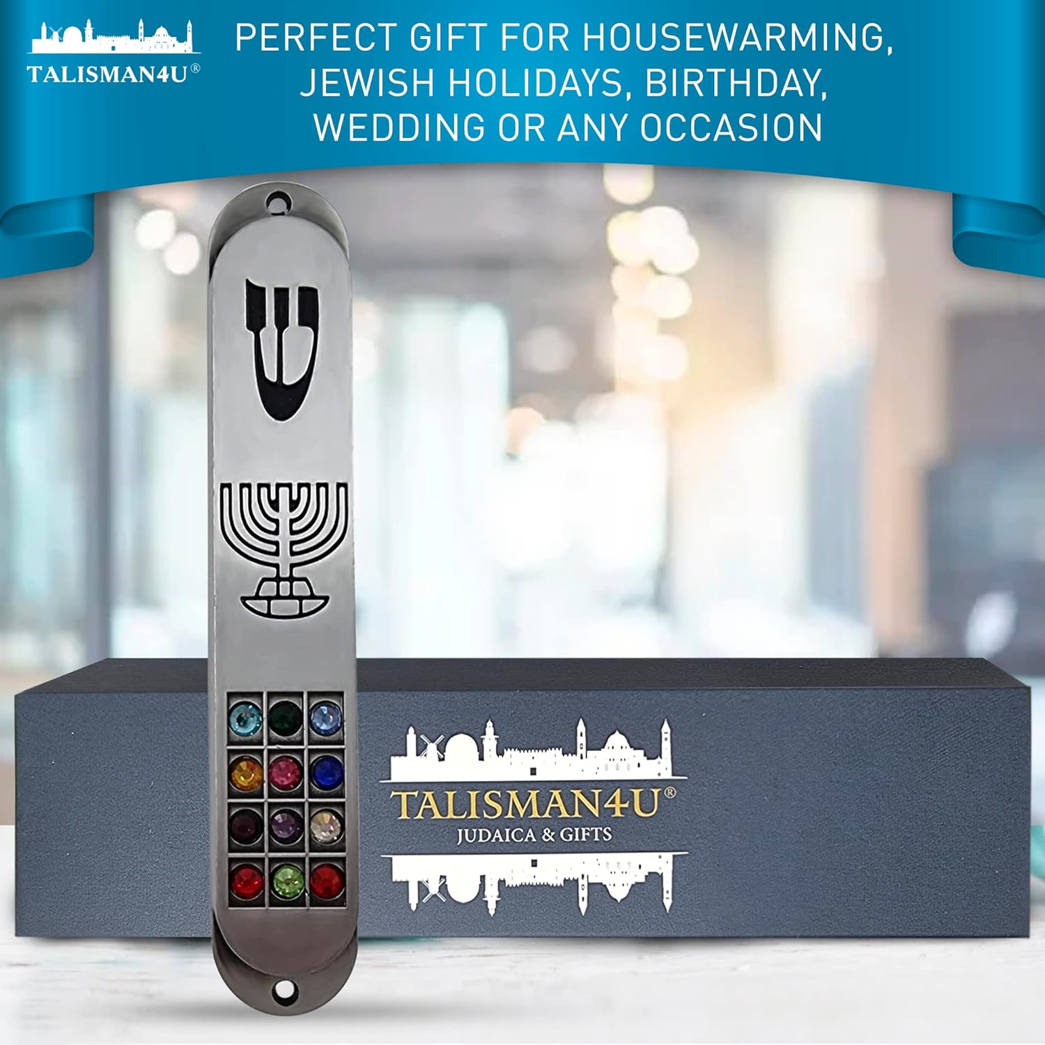 Pewter Mezuzah with Scroll and Hoshen Design
