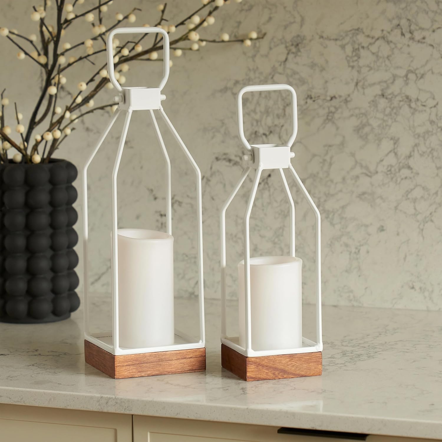 KIBAGA Decorative Lantern Set of 2 Black Modern Farmhouse Style