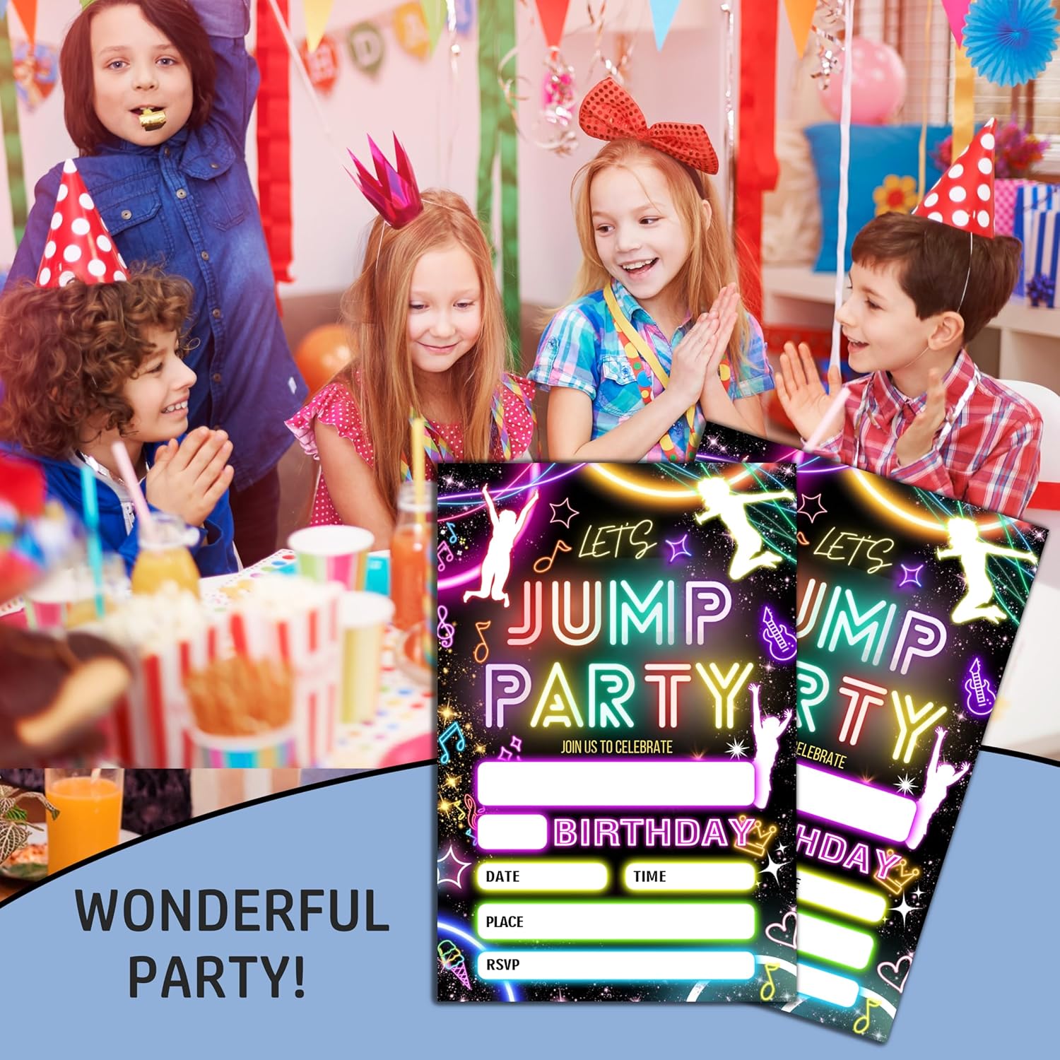 Lets Jump Birthday Party Invitation Neon 4x6 inch