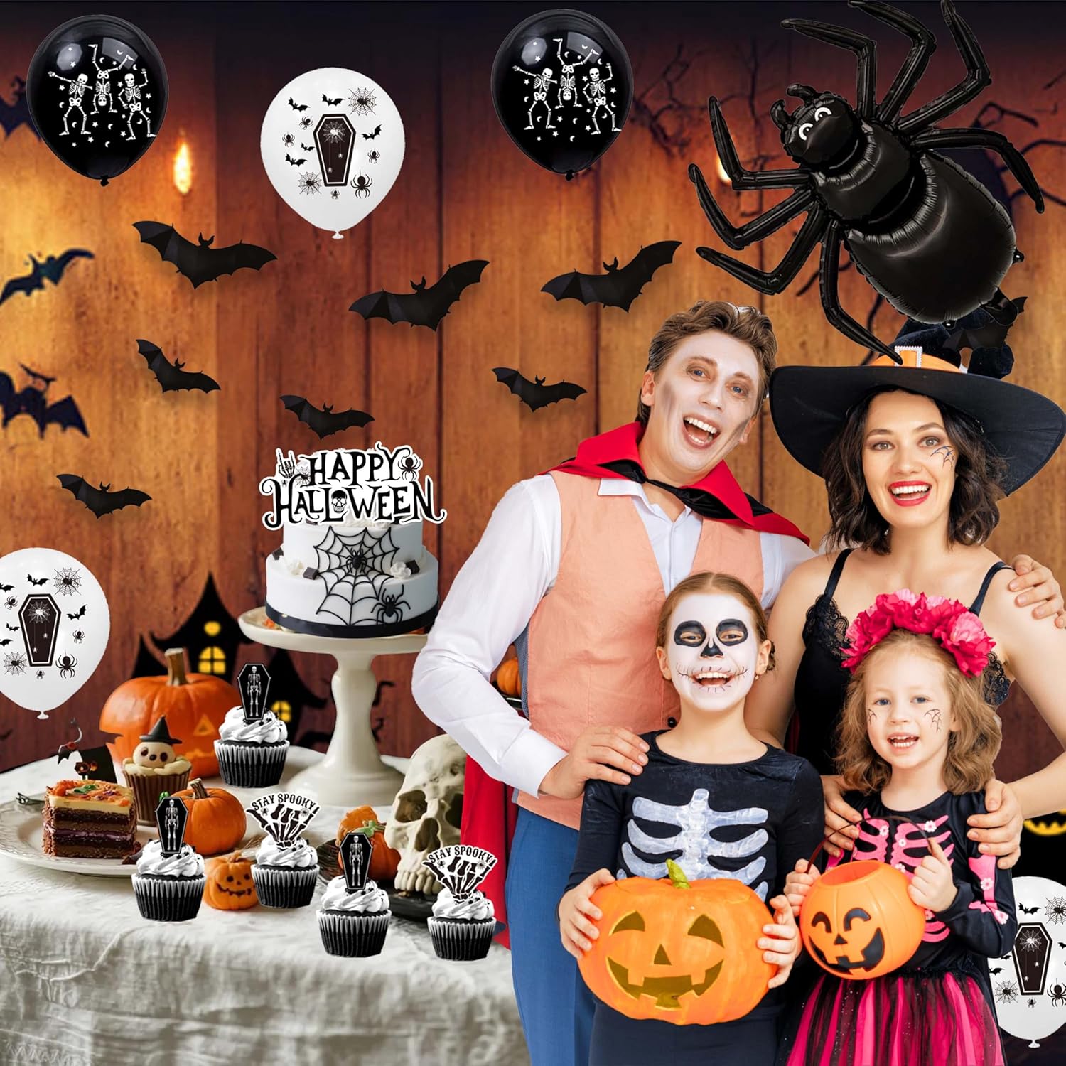 Halloween Decor Set with Skeleton Spider Web and Bats Theme