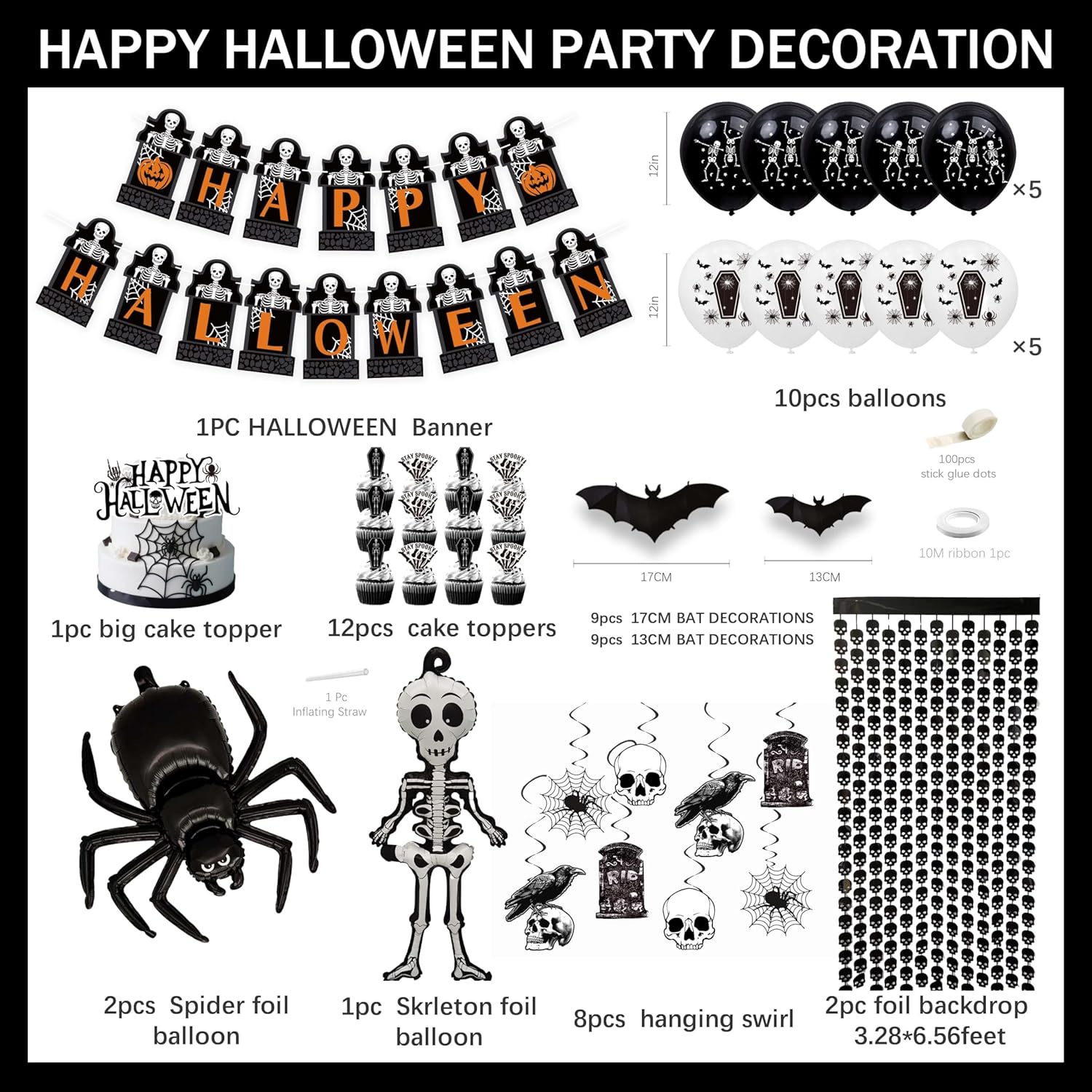 Halloween Decor Set with Skeleton Spider Web and Bats Theme