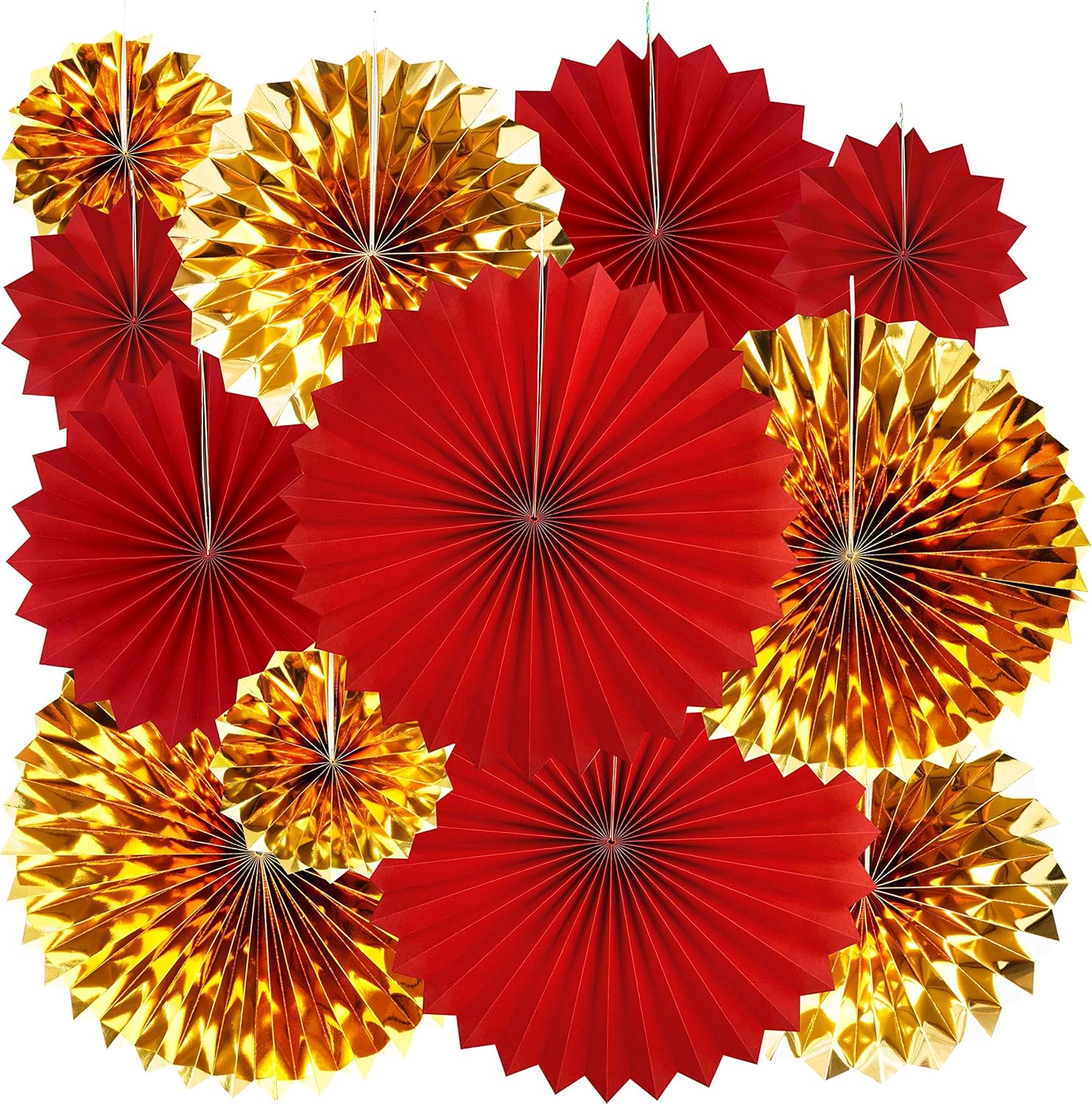 Red and Gold Hanging Paper Fans 12pc