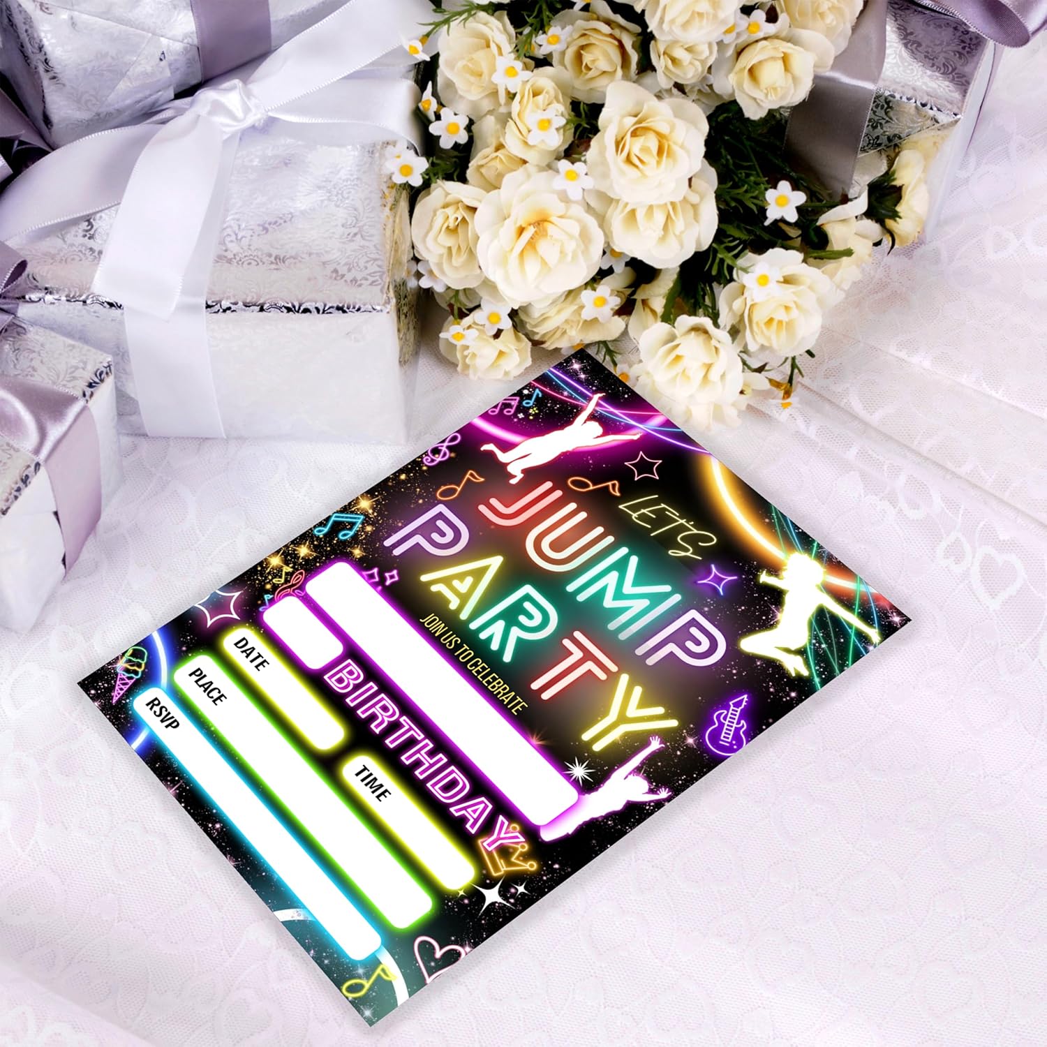 Lets Jump Birthday Party Invitation Neon 4x6 inch