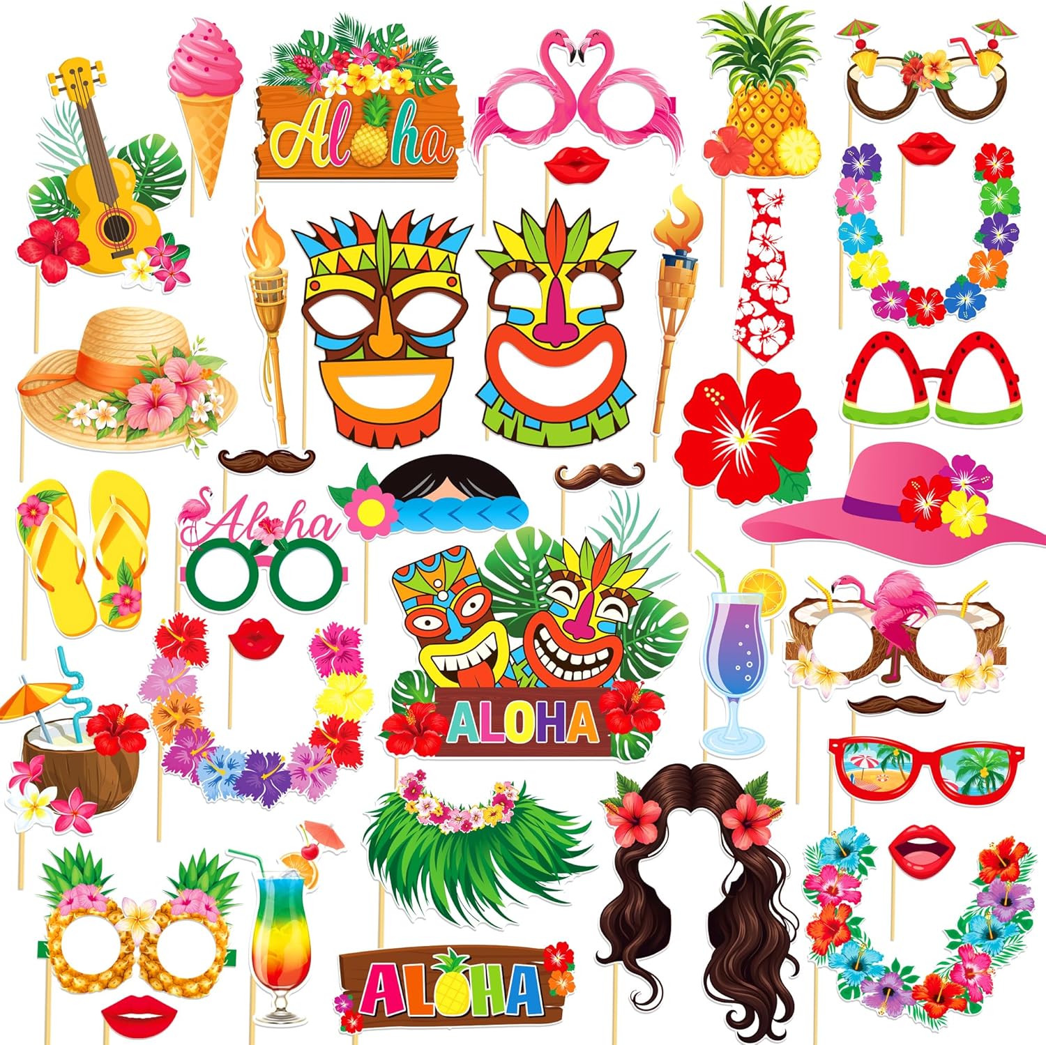 48PCS Hawaiian Tiki Photo Booth Props Set