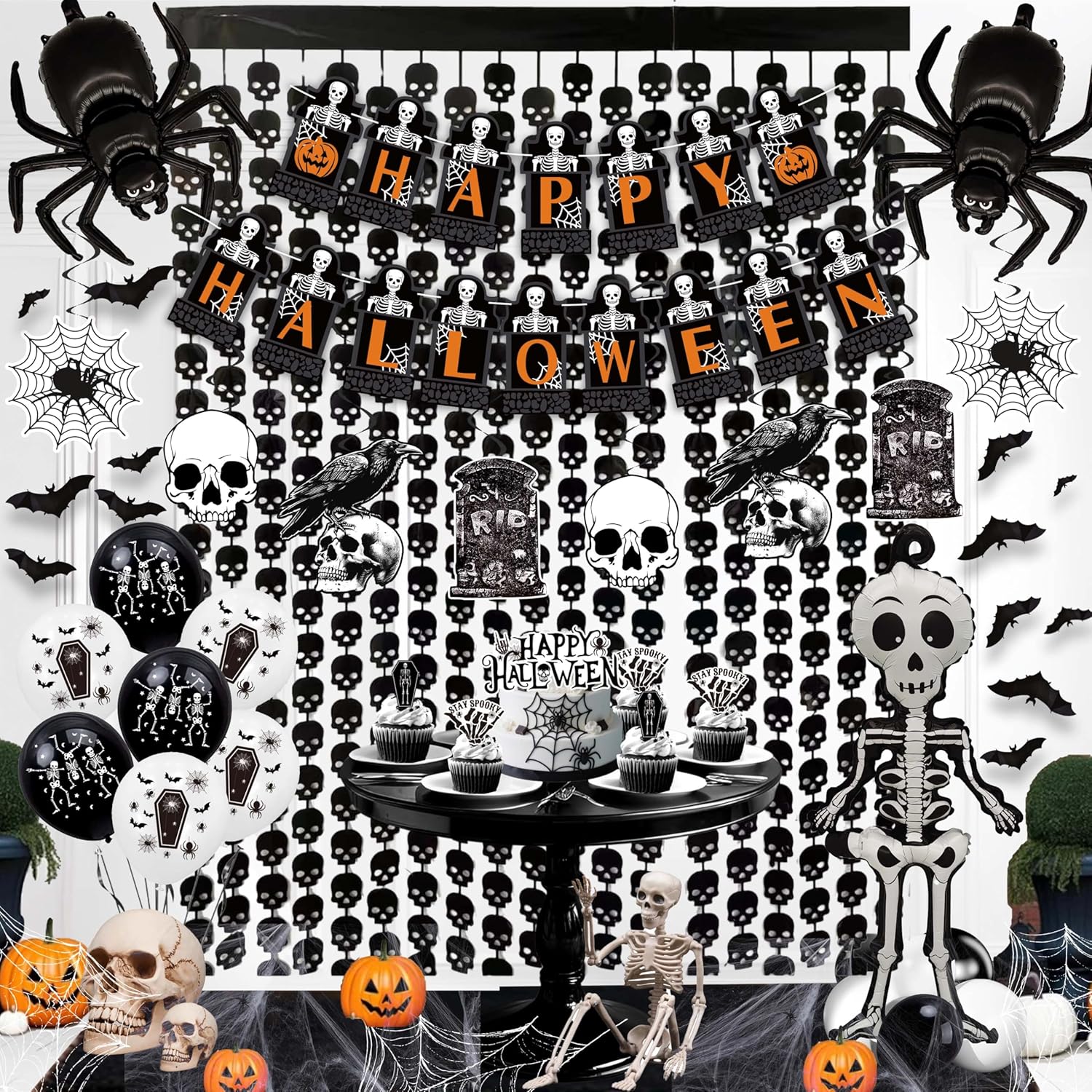 Halloween Decor Set with Skeleton Spider Web and Bats Theme