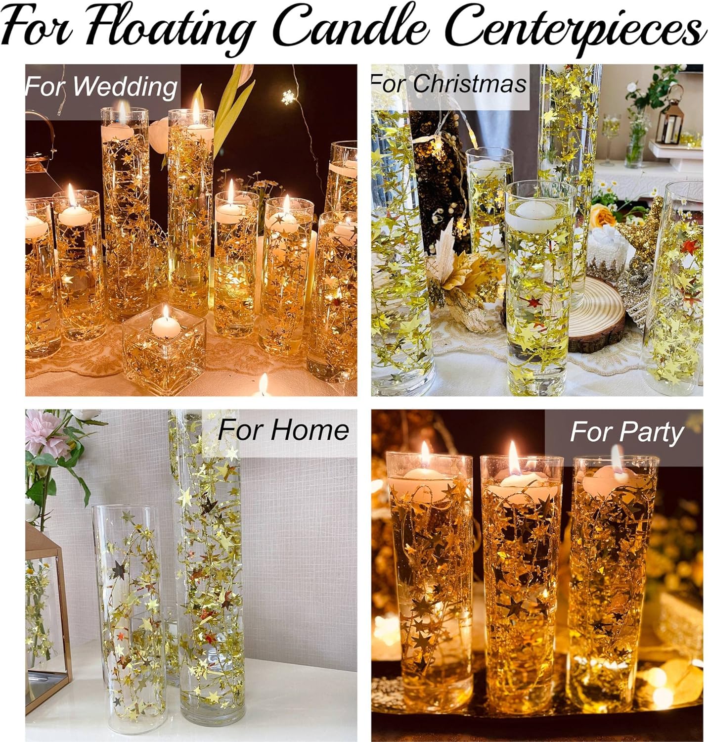 Gold Floating Candle Centerpieces Star Strings - 12 Pcs 38 Inch
