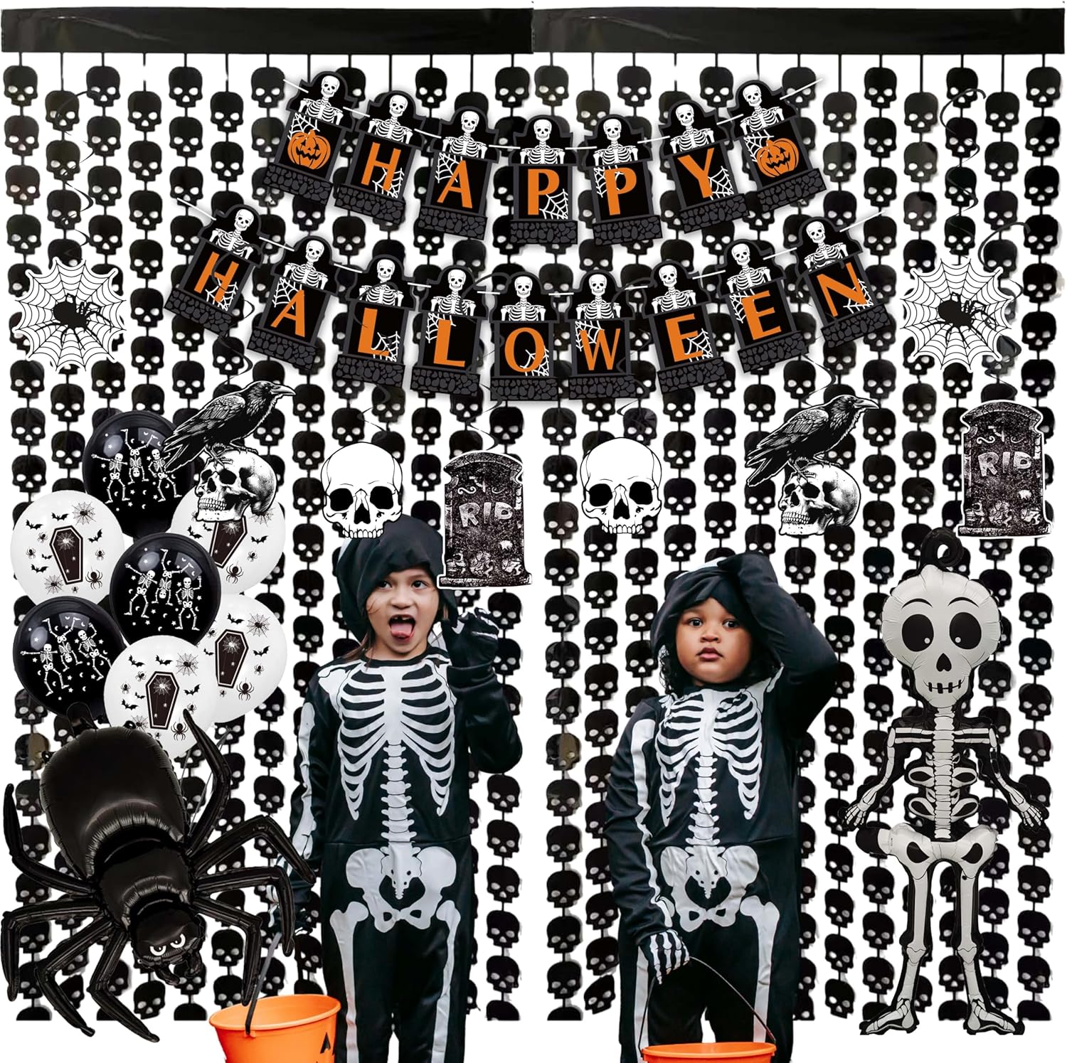 Halloween Decor Set with Skeleton Spider Web and Bats Theme