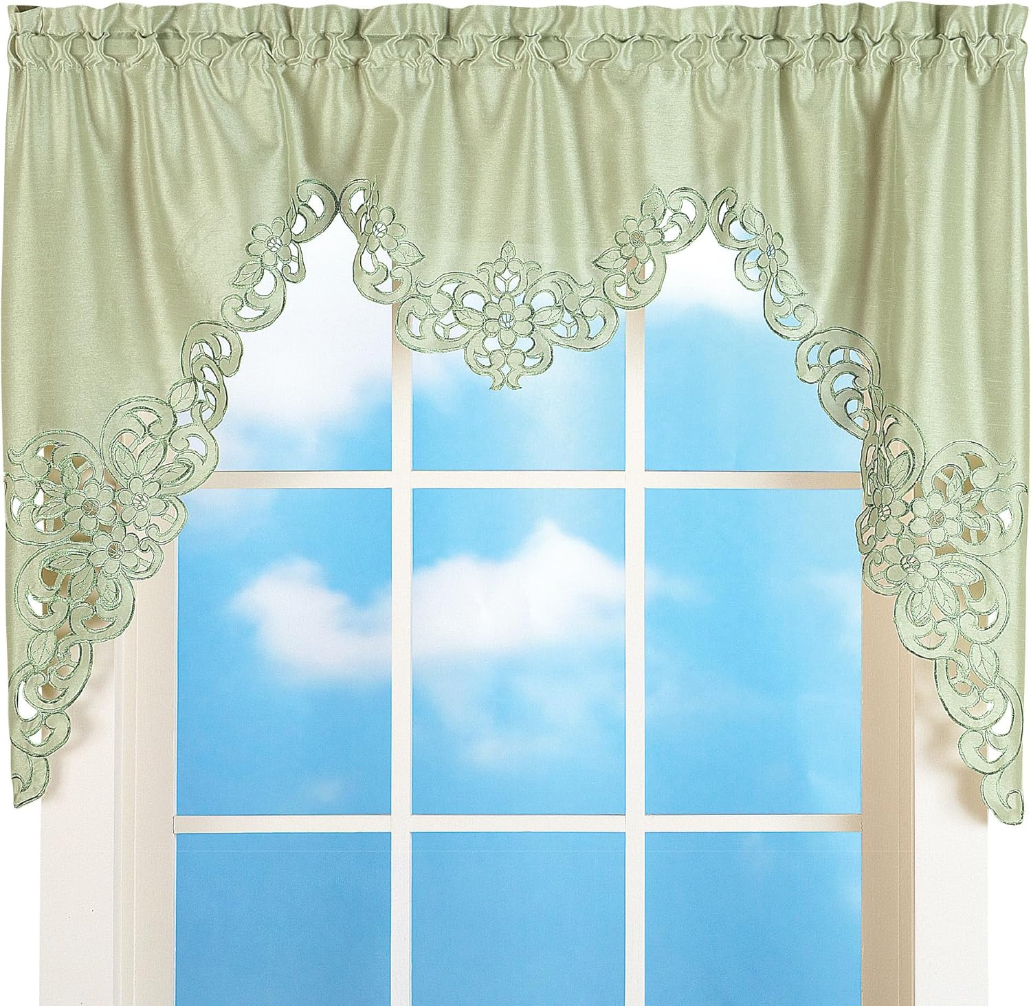 Collections Etc Scallop Cut Out Embroidered Valance with Rod Pocket Sage Green 58x36
