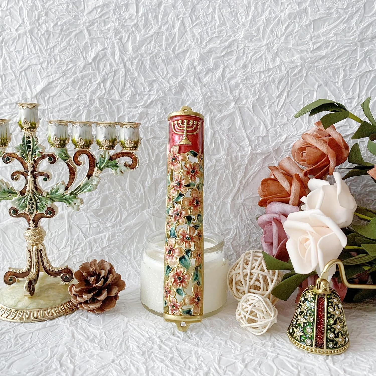 Hand Painted Mezuzah with Menorah and Pomegranate Motifs
