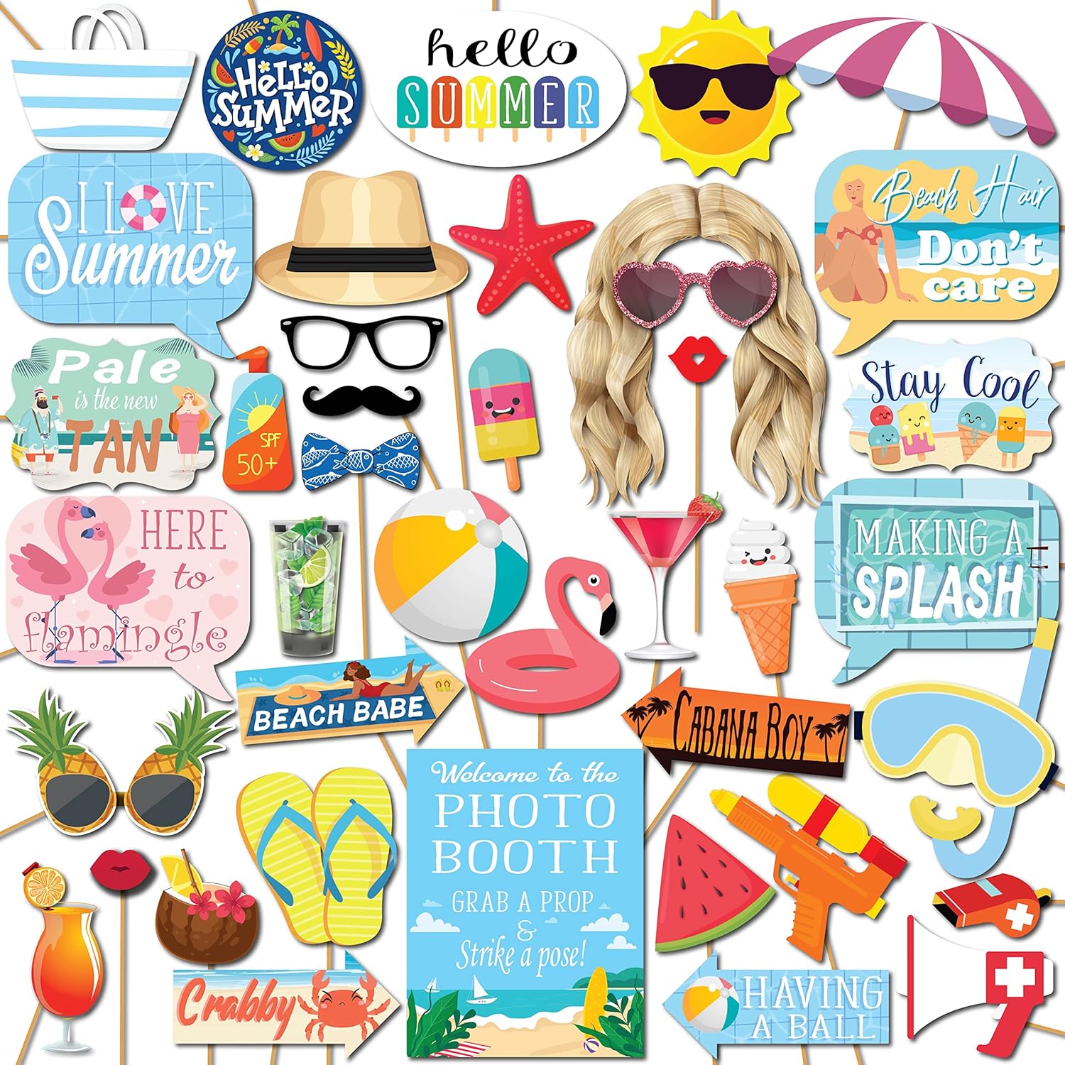 Summer Photo Booth Props - 41 Pieces with Signs Pads Sticks