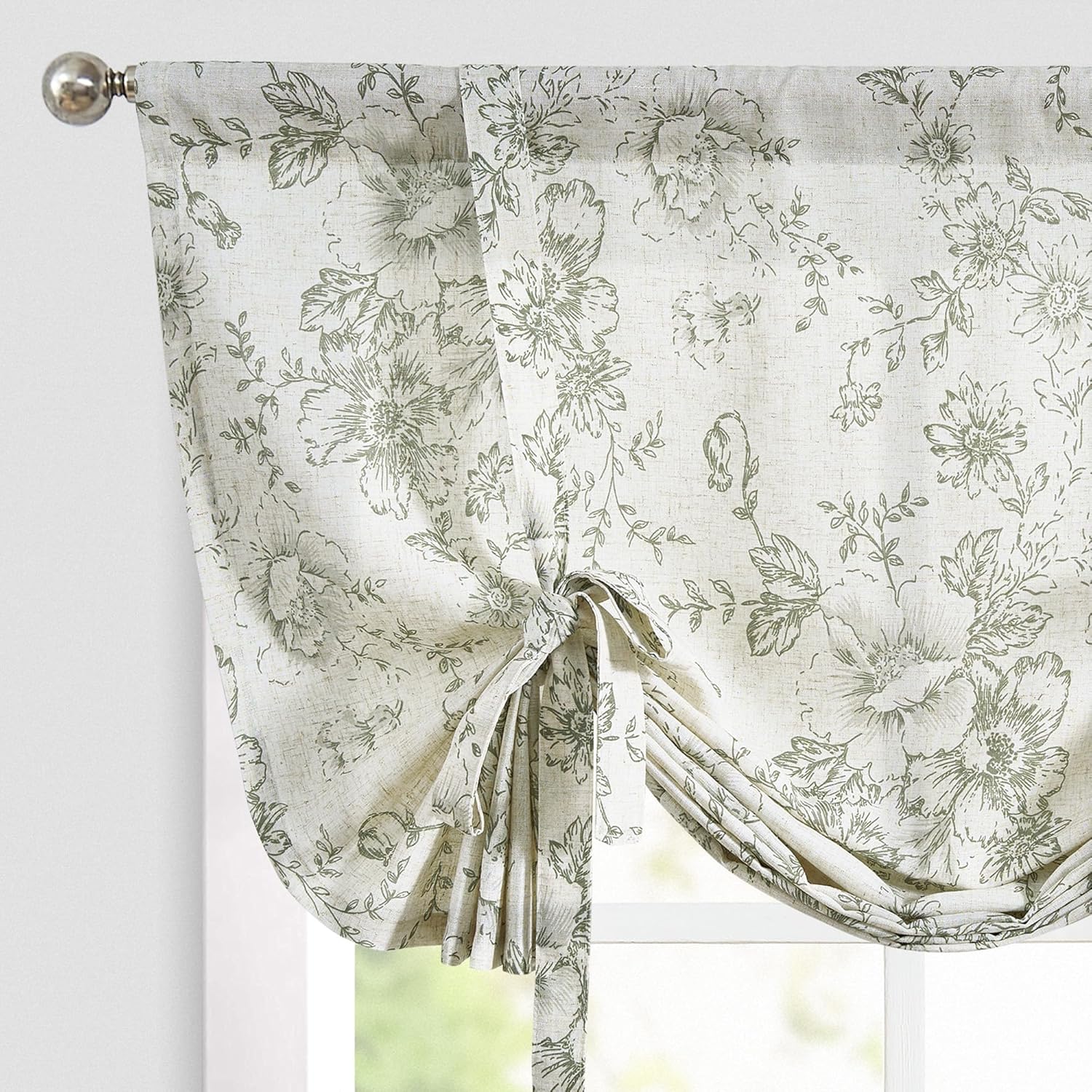 Jinchan Tie Up Valance Floral Linen 54 Inch Sage Green on Beige